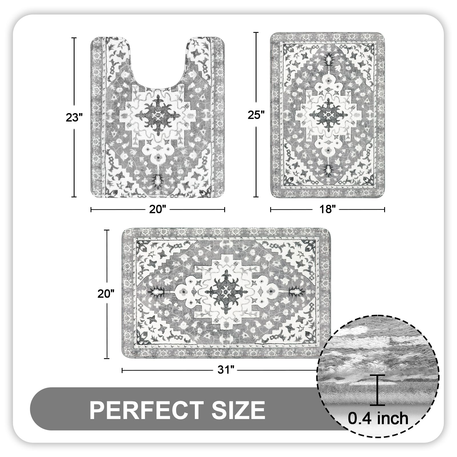 Uphome Boho Vintage Bathroom Rugs Sets 3 Piece Gray Non-Slip Soft Bath Mats With U-Shaped Contour Toilet Mat Machine Washable Or