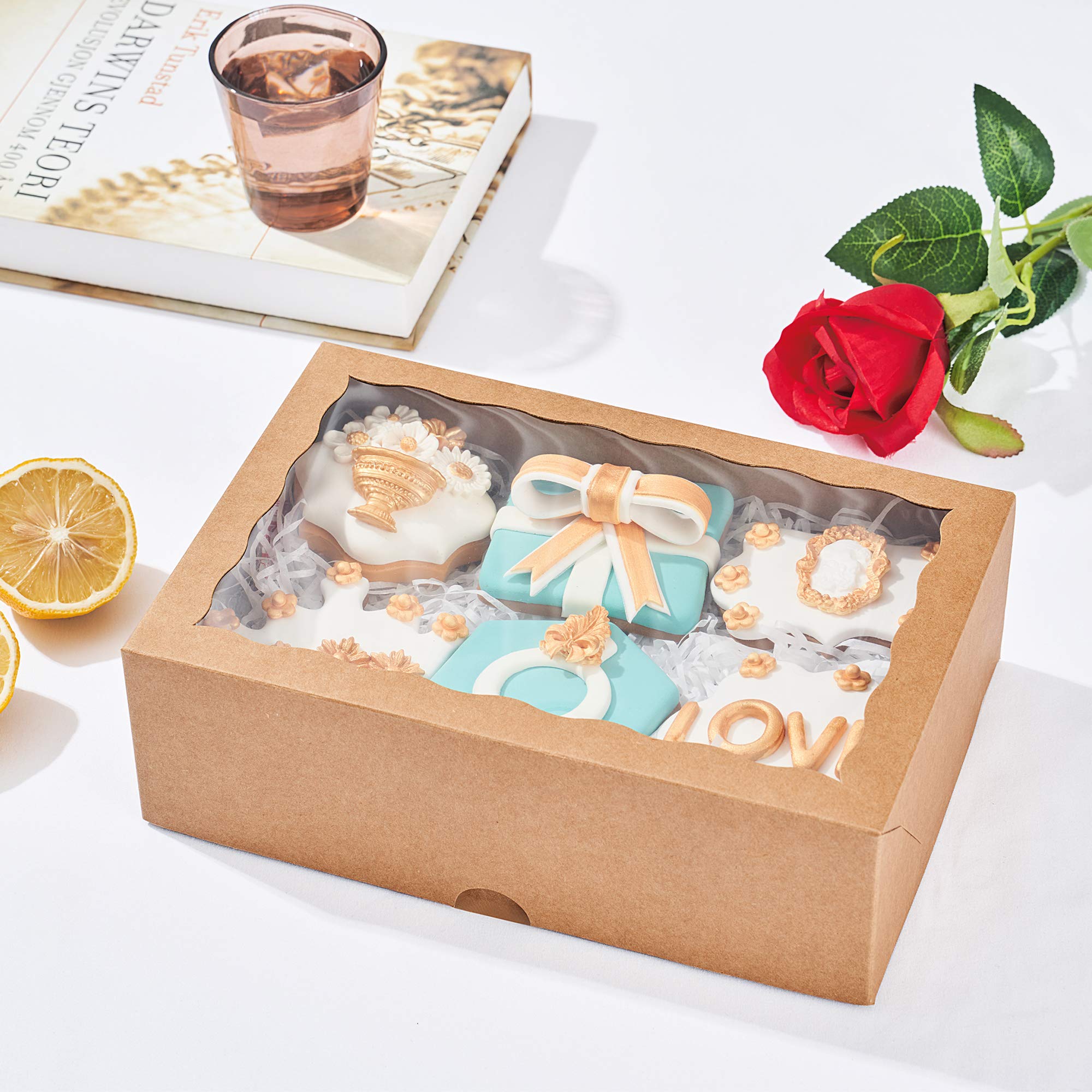 Jcxgrvc 4Pcs 10 X 7 X 25 Inches Premium Cookies Boxes, Strawberries Boxes With Clear Window, Brown Natural Kraft Paper Box