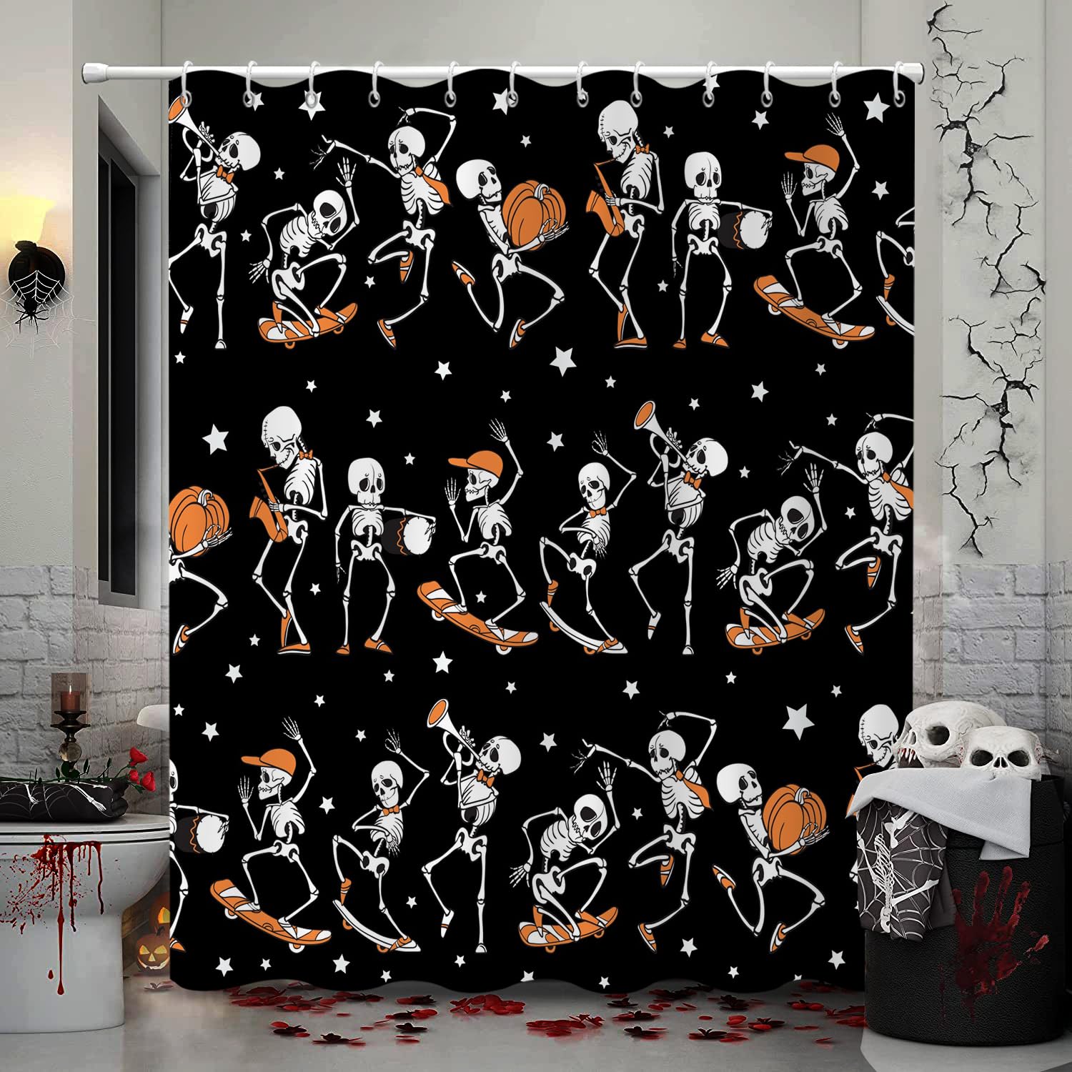 Gcirec Halloween Shower Curtain, Rock And Roll Music Lover Skull Skeleton Bone Band Funny Bathroom Curtain Bathtub Home Decor Wa