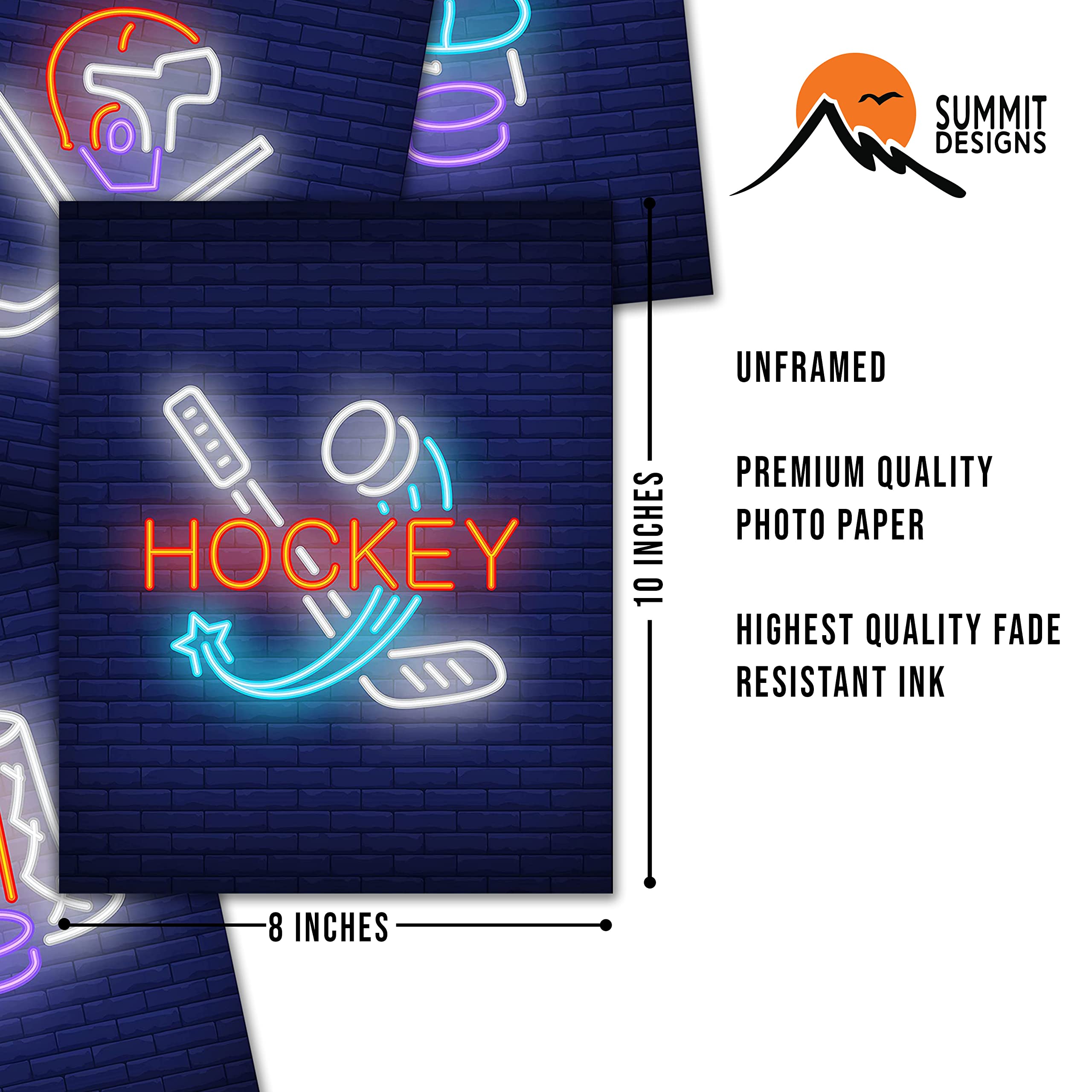 Ice Hockey Neon Wall Art Art Decor Prints - Set Of 4 (8X10) Inch Unframed Poster Photos - Kids Boys Girls Bedroom Basement Pictu