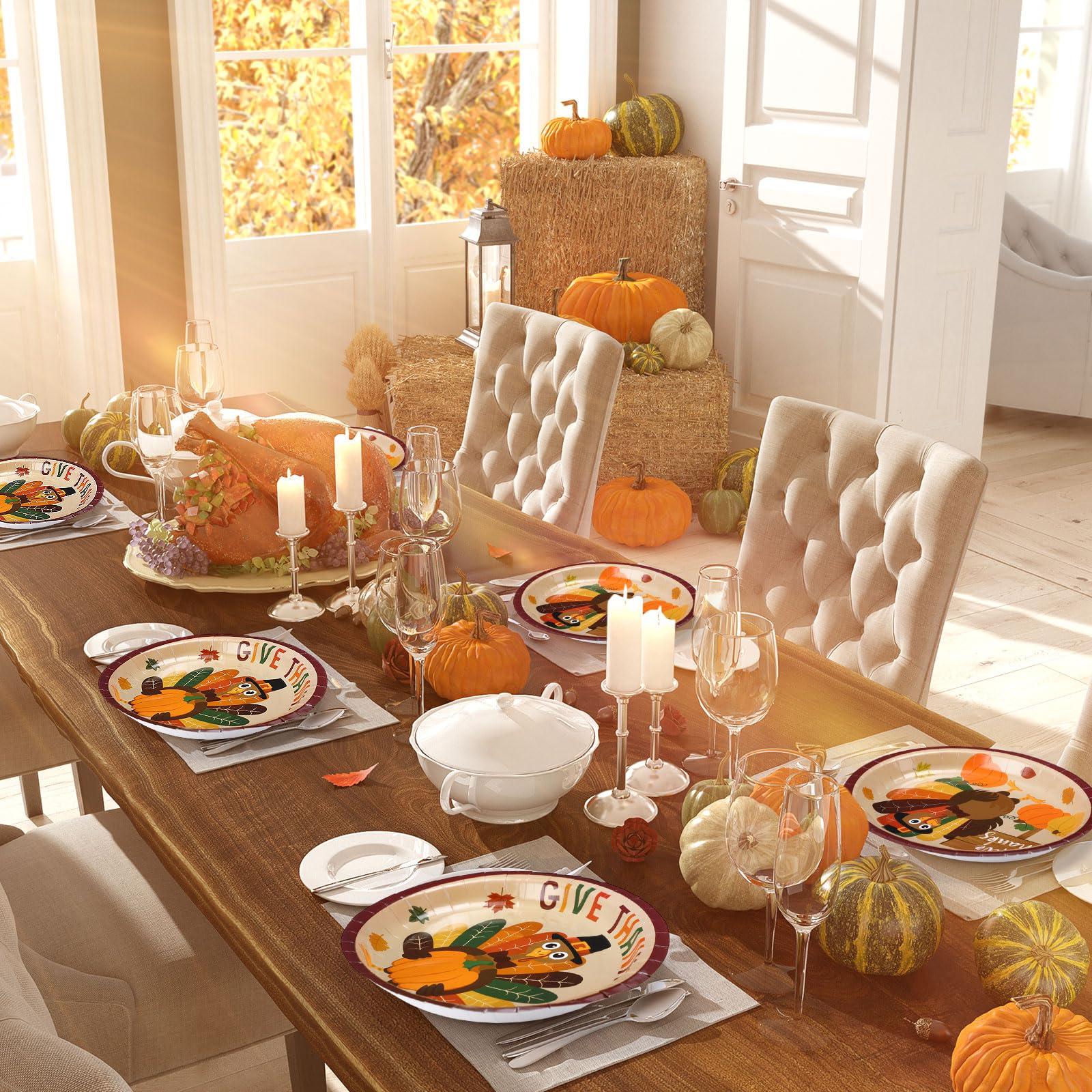 Pajean 100 Pcs Thanksgiving Paper Plates Bulk Fall Oval Dinner Plates 9 x 11 Large Turkey Autumn Leaves Pumpkin Disposable Table