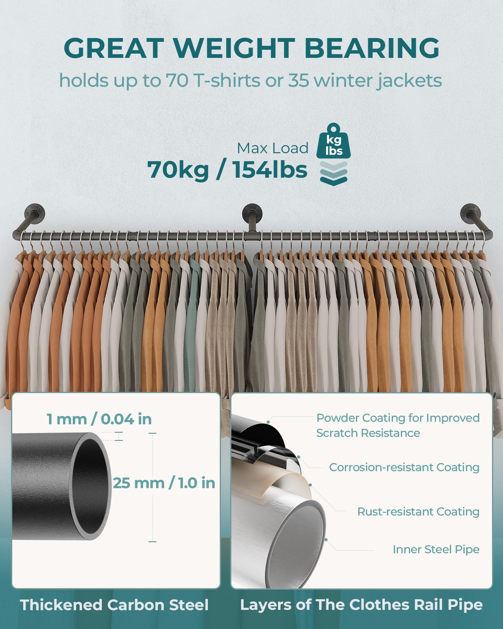 OROPY Clothes Rack  65.7'' Industrial Pipe Clothing Rack for Hanging Clothes  Wall Mounted Heavy Duty Space Saving Garment Rack for Closet Storage  Black  3 Base