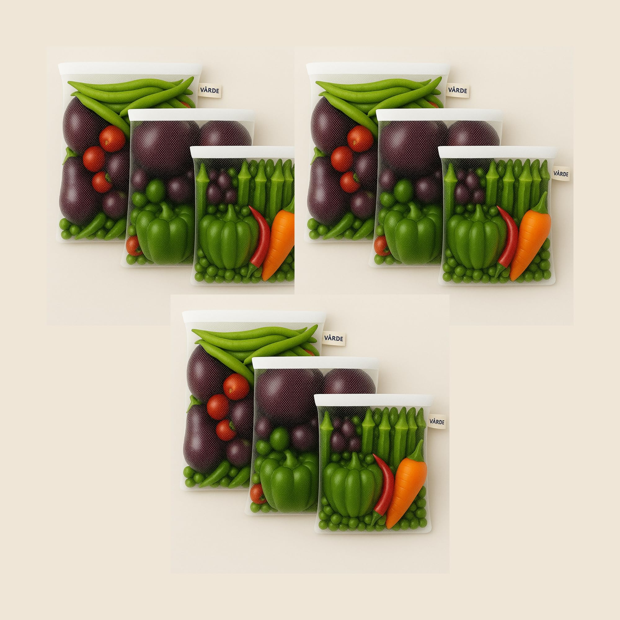 VRde Pack Of 9 Pcs Reusable Fridge Storage Bags For Vegetables & Fruits | MultiSize Dual Layer Mesh Zipper Bags | Washable, Eco