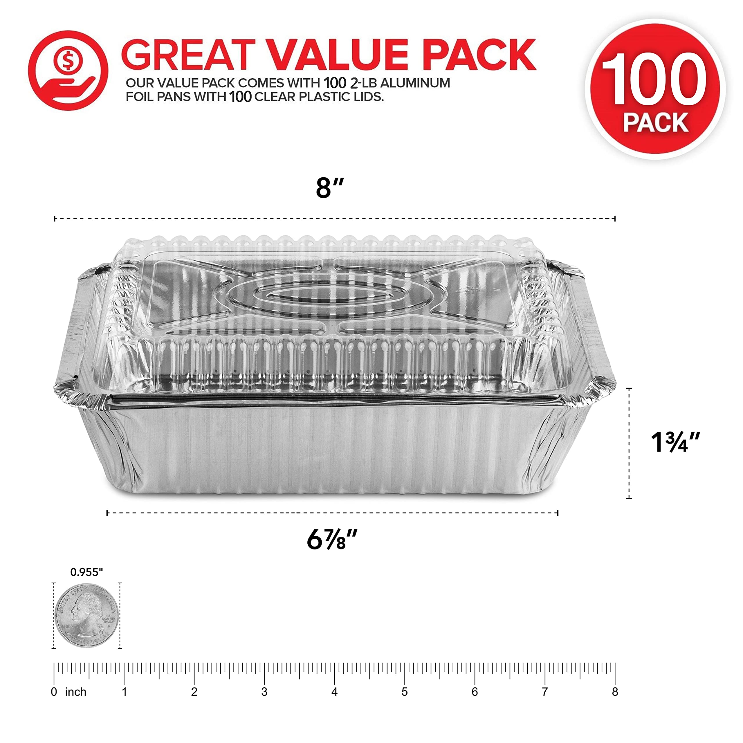 Stock Your Home 2 Lb Small Aluminum Pans With Lids (100 Pack) Foil Pan  Clear Plastic Lid, Disposable Cookware, Takeout Trays Wi