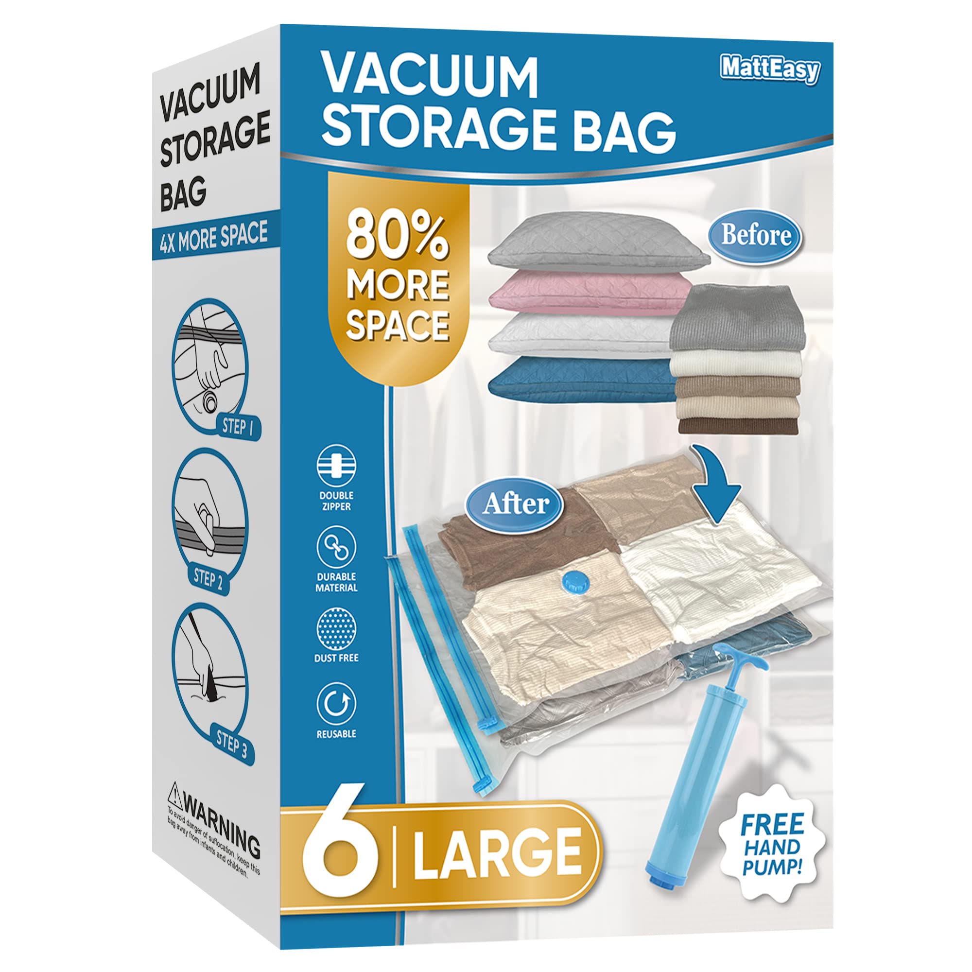 Matteasy Space Saver Vacuum Storage Bags, 6 Pack Large Space Saver Bags With Pump, Storage Vacuum Sealed Bags For Clothes, Comfo