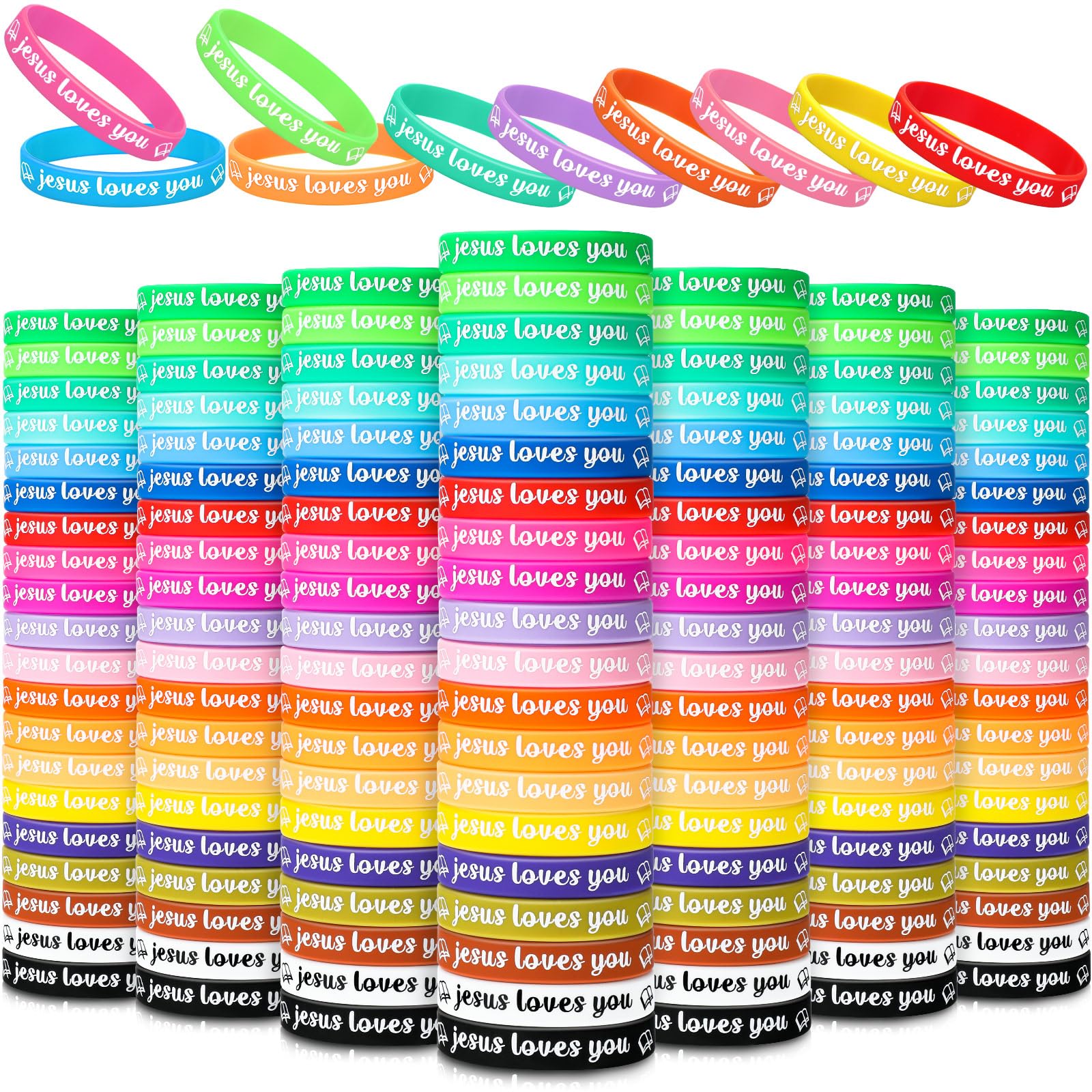 Jerify 200 Pcs Jesus Loves You Silicone Bracelet Christian Wristbands Bulk Bible Verse Rubber Bracelet Religious Colorful Bands 