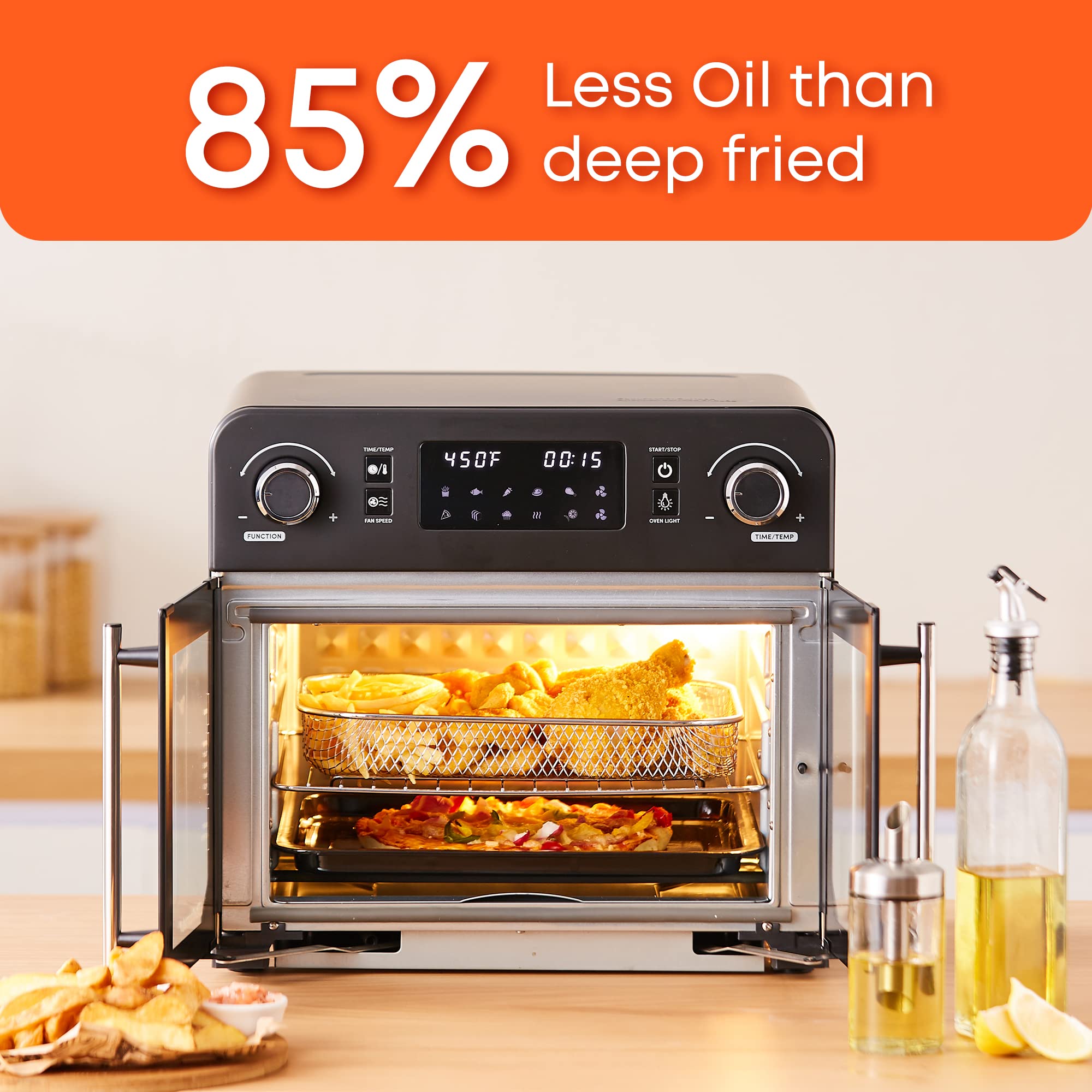Elite Gourmet Eaf9010B All Steel Exterior, 245Qt French Door Air Fryer Convection Countertop Oven, 12 Pizza Extra Large Capacity