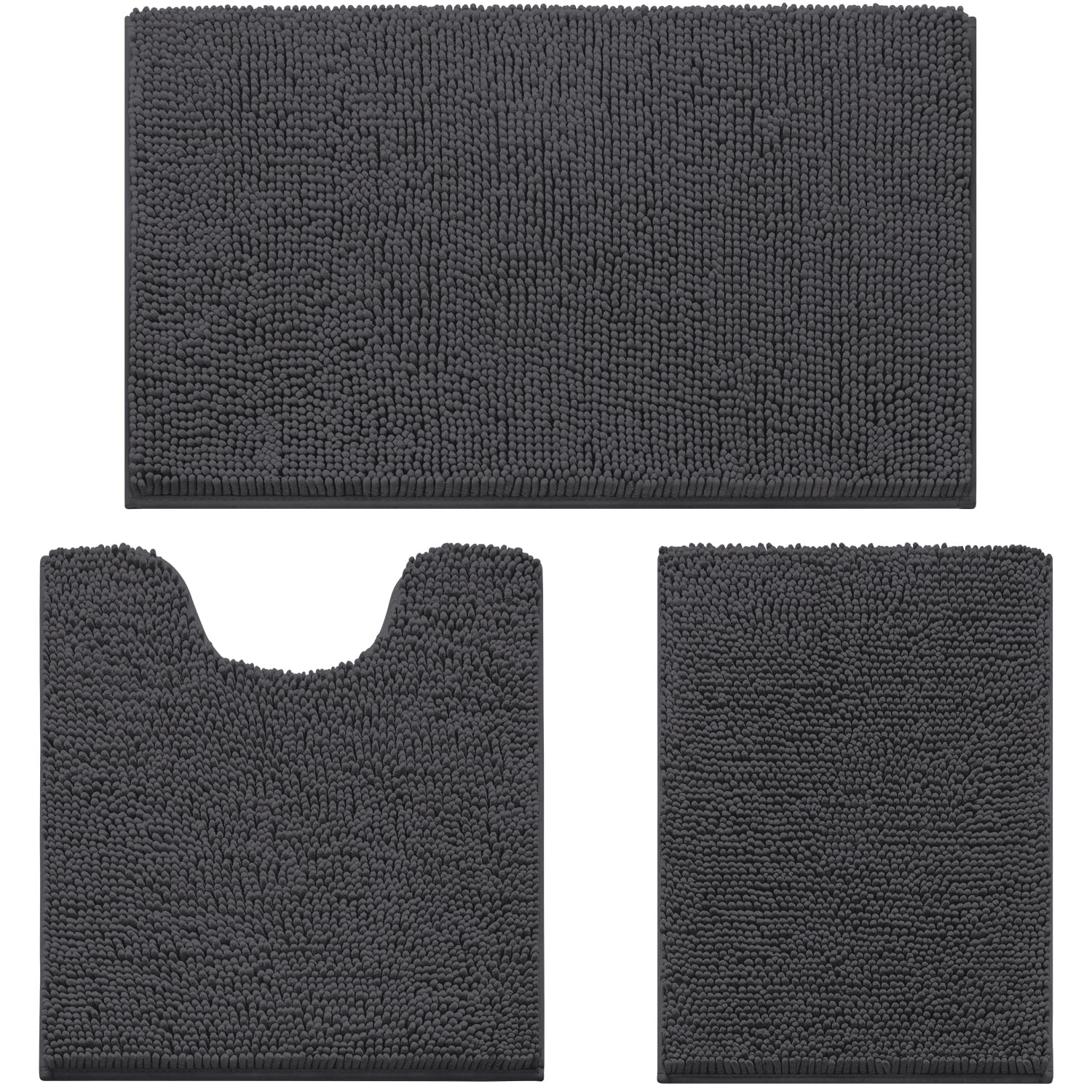 Homeideas 3 Pieces Bathroom Rugs, Ultra Soft Non Slip Absorbent Chenille Toilet Bath Mat Set (Charcoal/Dark Grey)