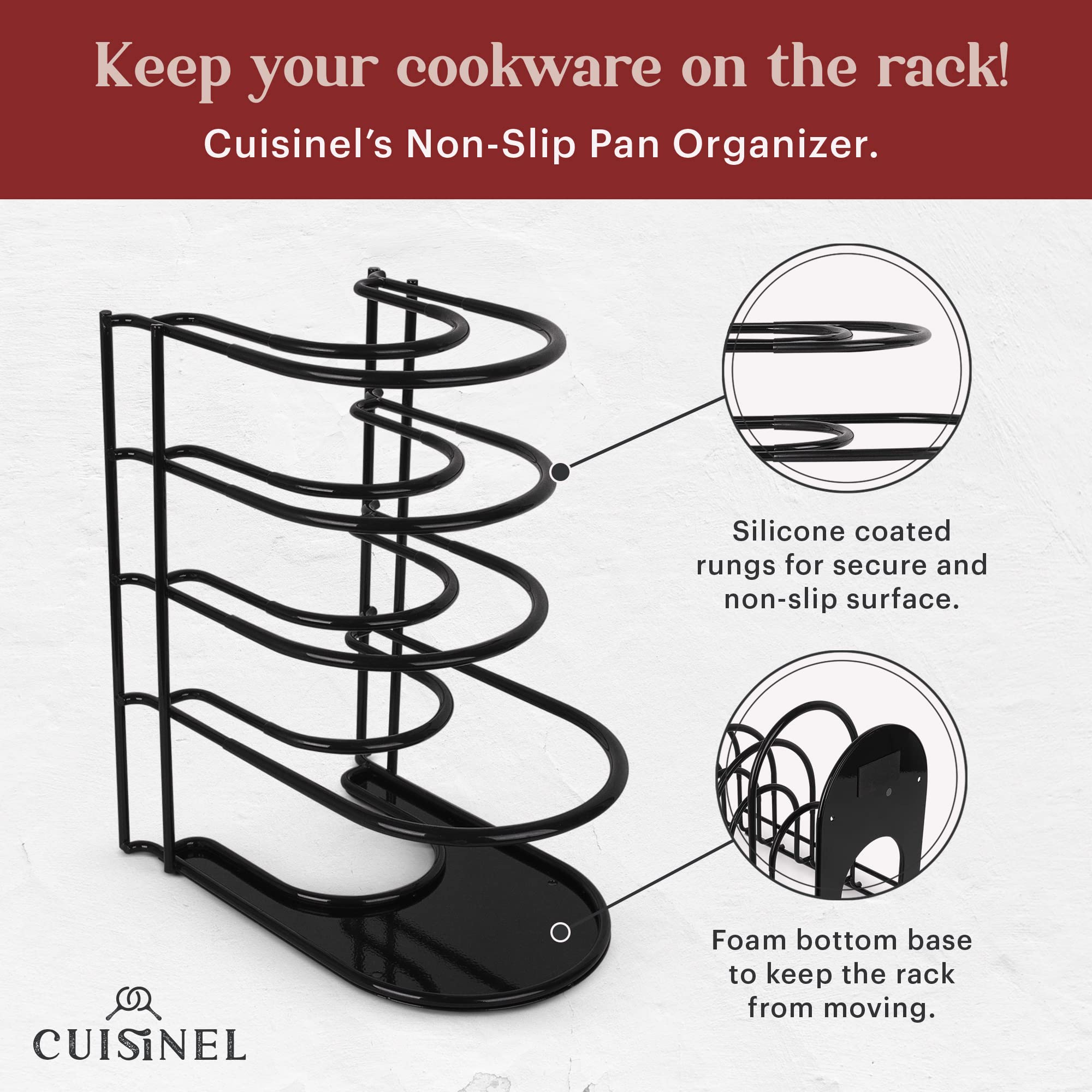Pan Organizer - Silicone-Coated Non-Slip 12'' Heavy Duty Skillet Rack - Kitchen Counter/Cabinet Organization Storage - Holder Fo