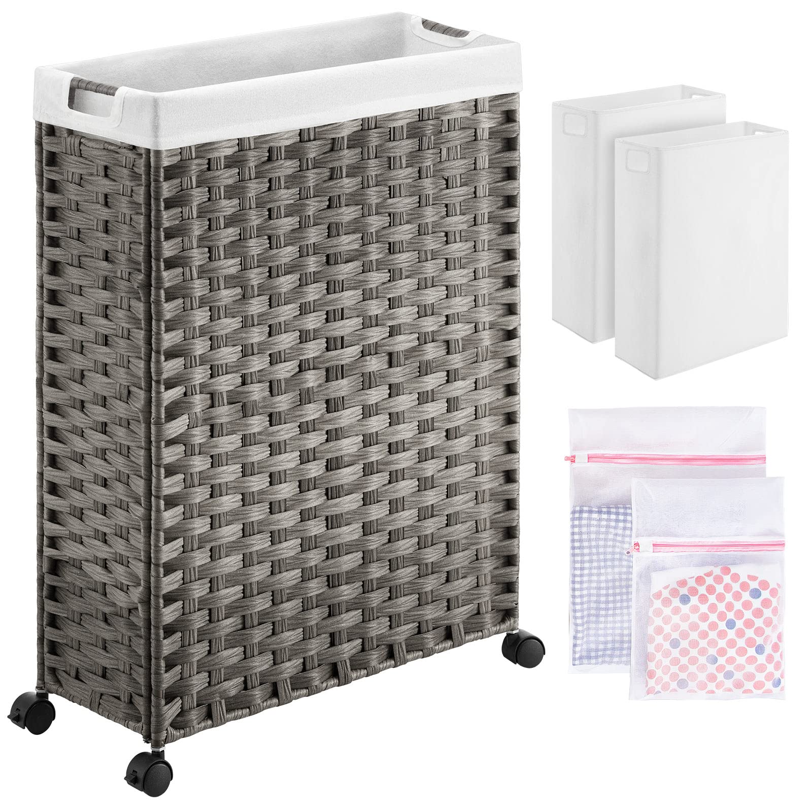 Greenstell Laundry Hamper With Wheels, 50L Slim Laundry Basket With 2 Removable Liner Bags & 2 Mesh Bags, Narrow Dirty Clothes B