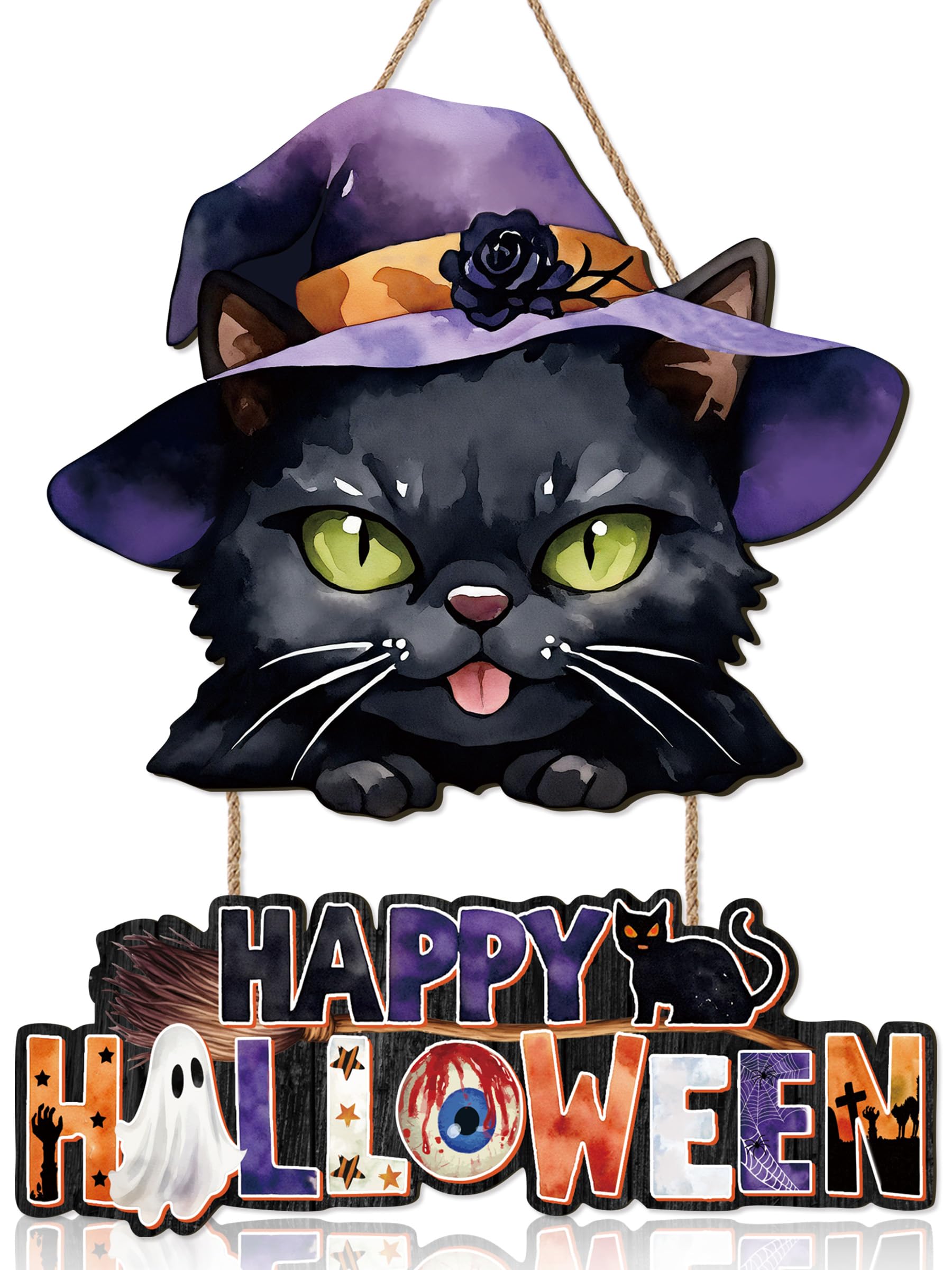 Ausril Happy Halloween Door Decoration,Black Cat Sign,Halloween Door Sign,Spooky Black Cat Wall Hanging,Witch Hat Wall Decor,Boo