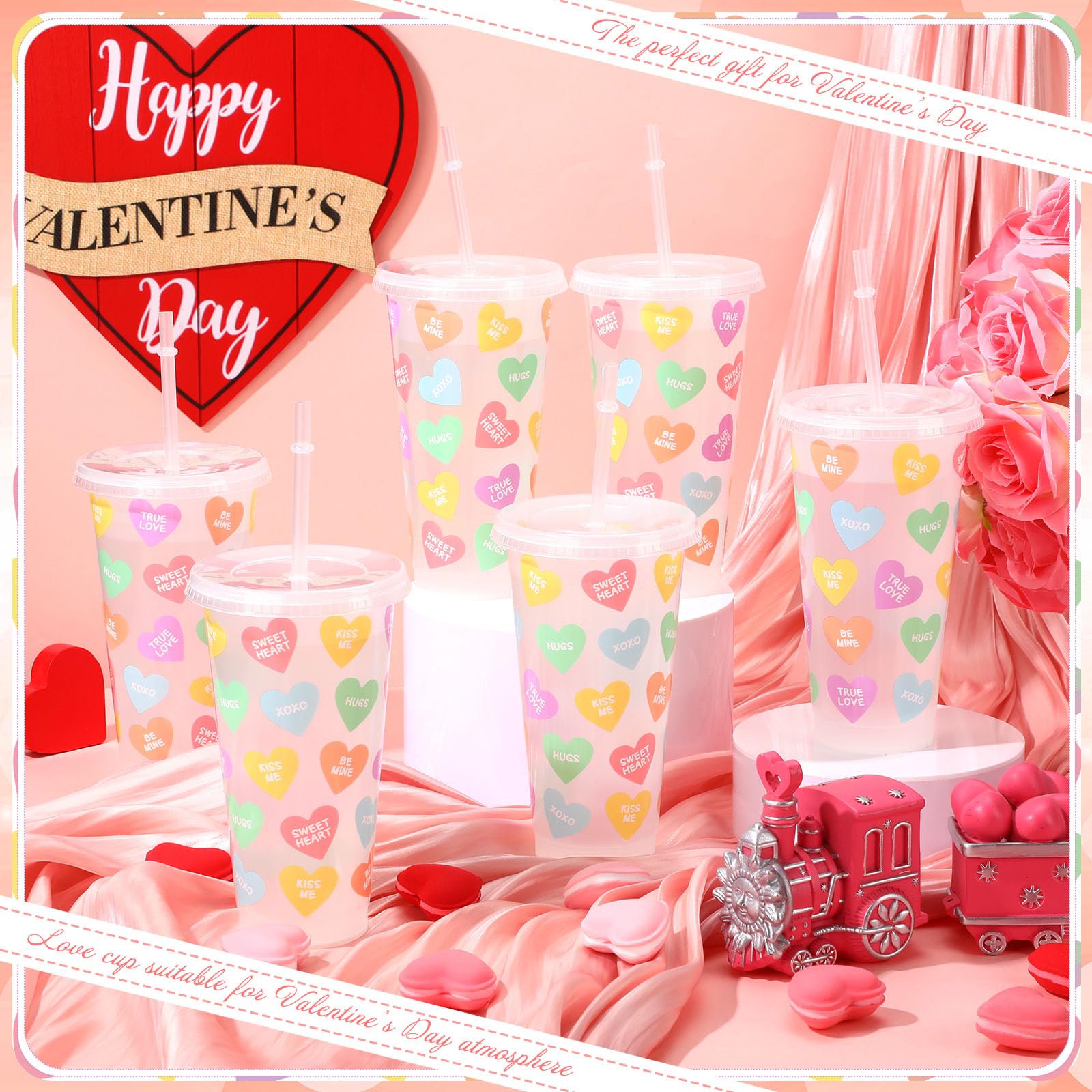 Silifine 12 Pcs 24 Oz Valentine'S Day Conversation Heart Plastic Cups With Lid And Straw Clear Candy Heart Shape Plastic Cup Bul