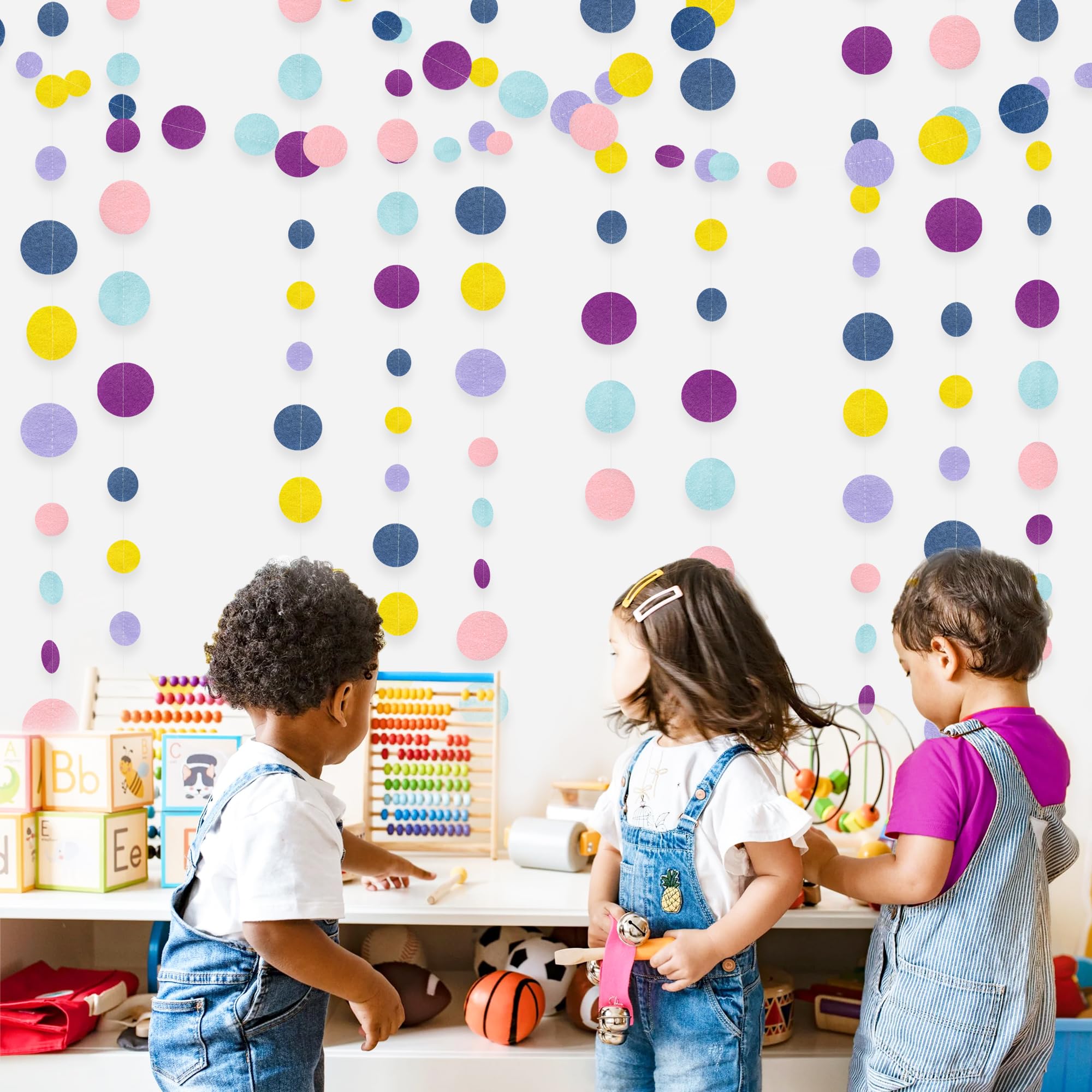 Oh Happy Day Decorations Navy Blue Yellow Purple Pink Boho Felt Circle Dot Garland Hanging Polka Dot Streamer For Classrooms Pre