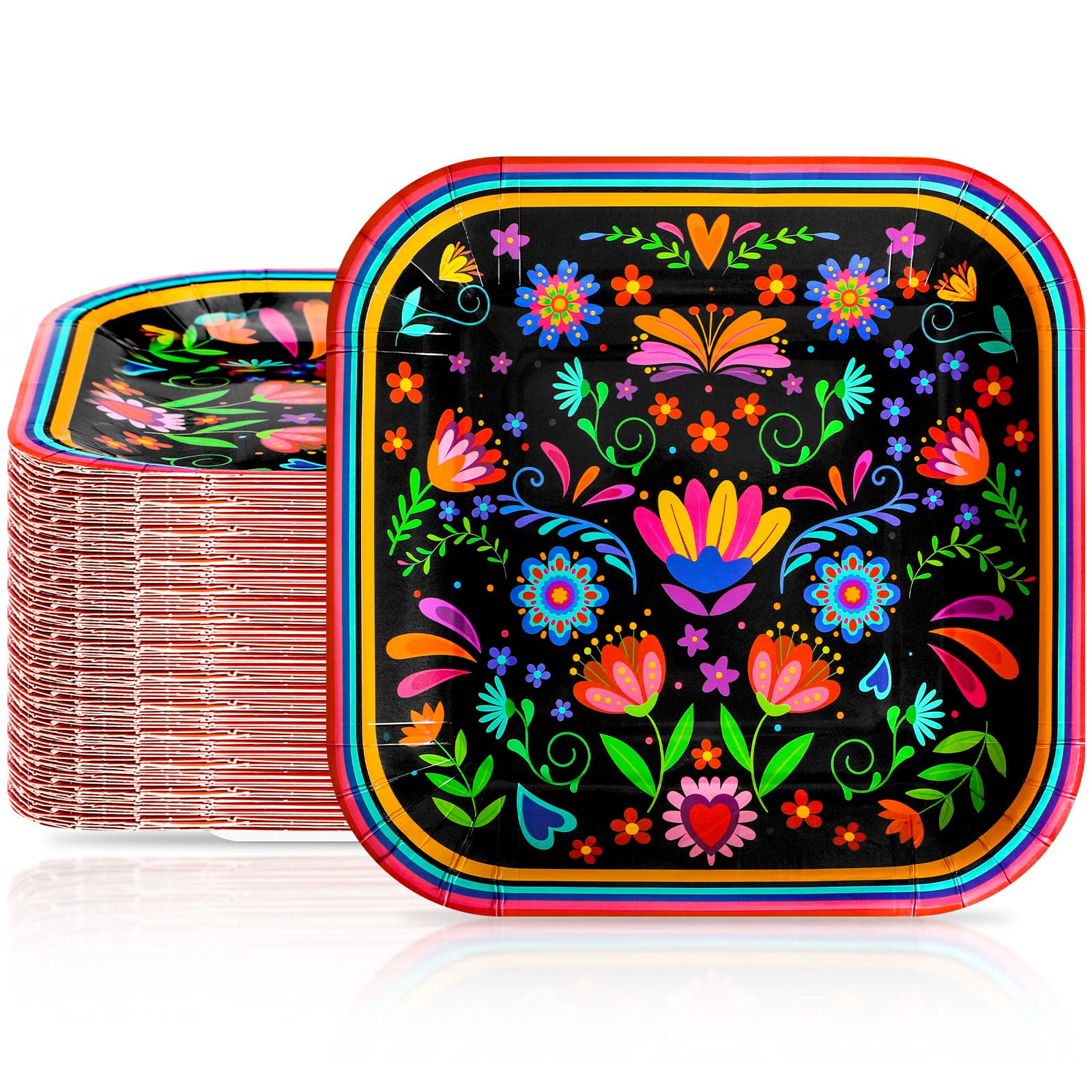FillTouch 60 Pcs Mexican Paper Plates 9 Inch Square Fiesta Dinner Plates Disposable Colorful Floral for Fiesta Taco Birthday Par