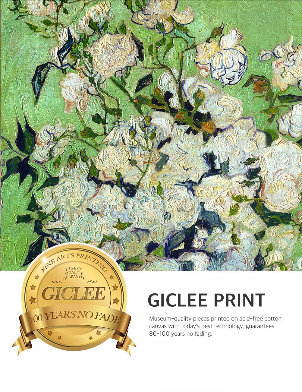 Decorarts - Pink Roses In A Vase - Vincent Van Gogh. Giclee Print On Canvas With Matching Golden-Relief Framed Wall Art. Picture