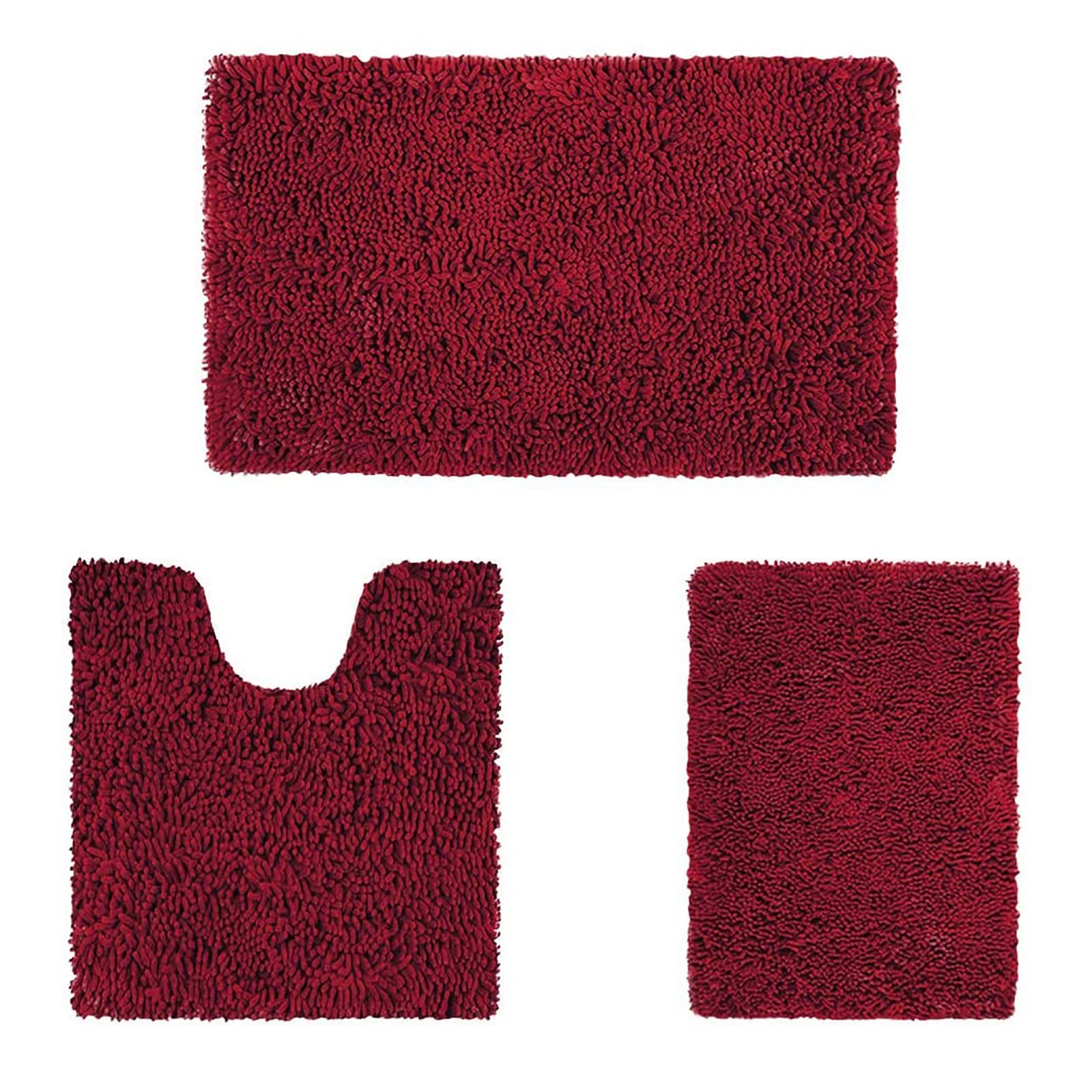 HOMEIDEAS 3 Pieces Bathroom Rugs  Ultra Soft Non Slip Absorbent Chenille Toilet Bath Mat Set (Burgundy)