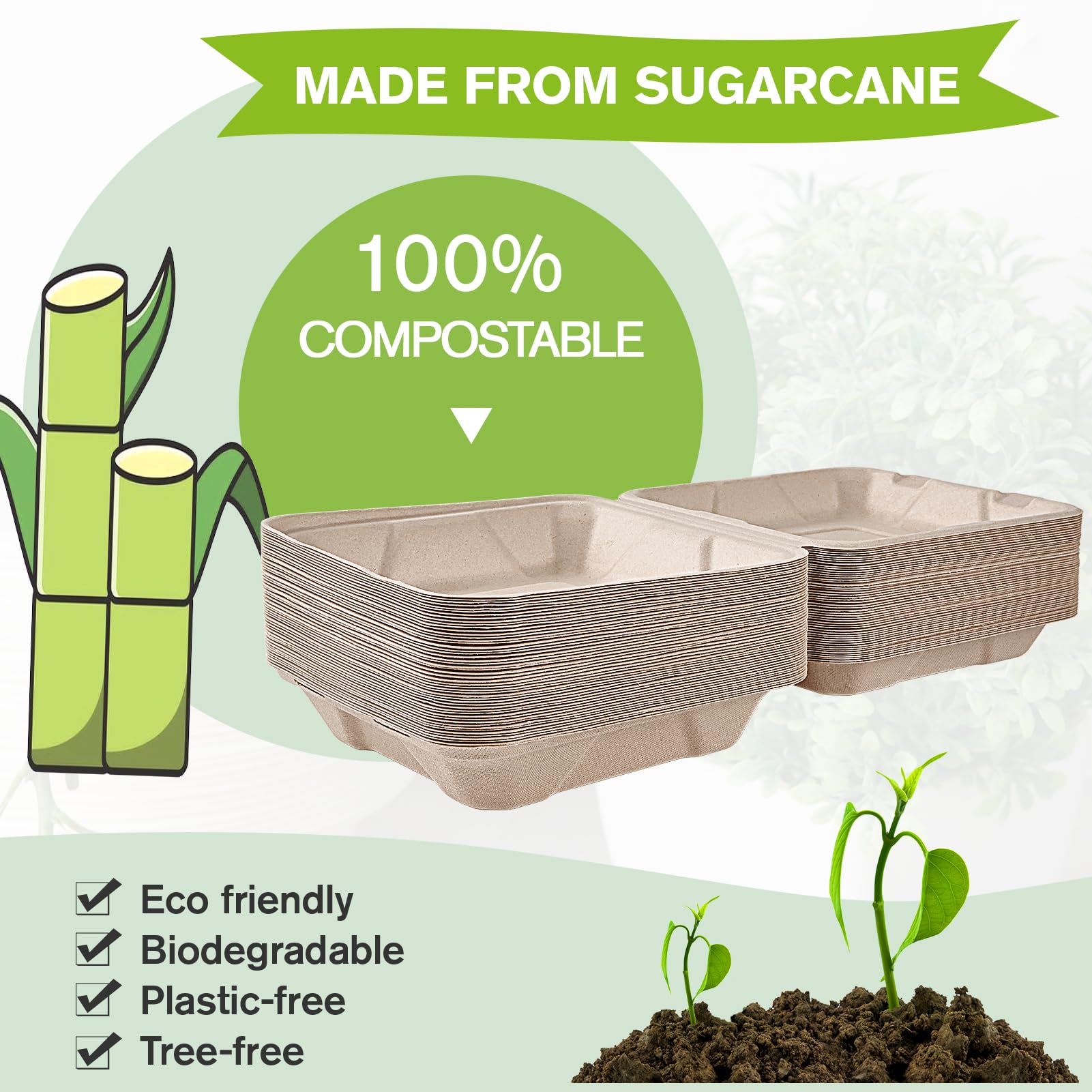 ECOLipak 50 Pack Clamshell Take Out Food Containers  100% Compostable Disposable To Go Containers  8X8 Heavy-Duty To Go Boxes  Eco-Friendly Biodegradable To Go Containers For Food