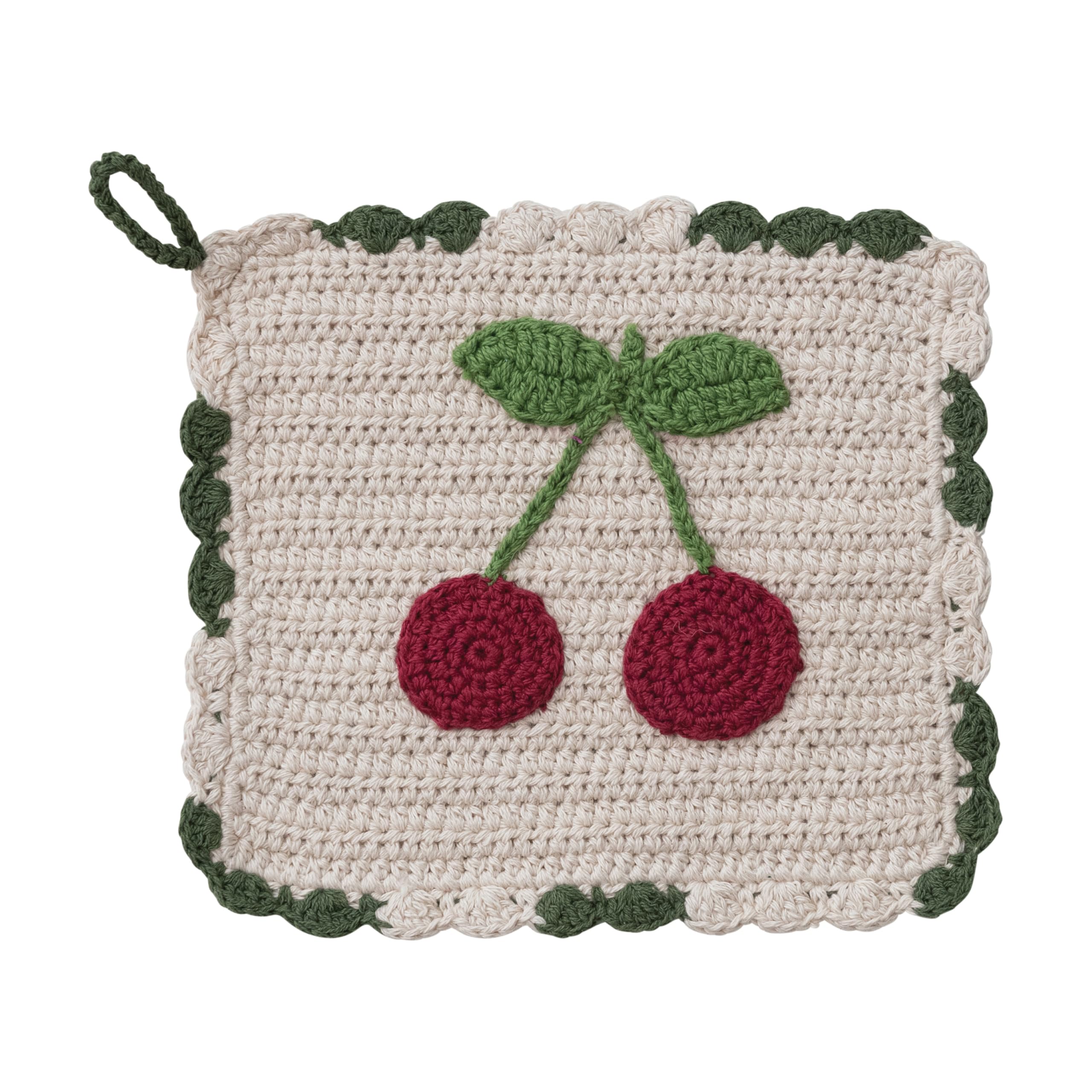 Creative Co-Op Cotton Crocheted Scalloped Pot Holder with Cherries, Multicolor
