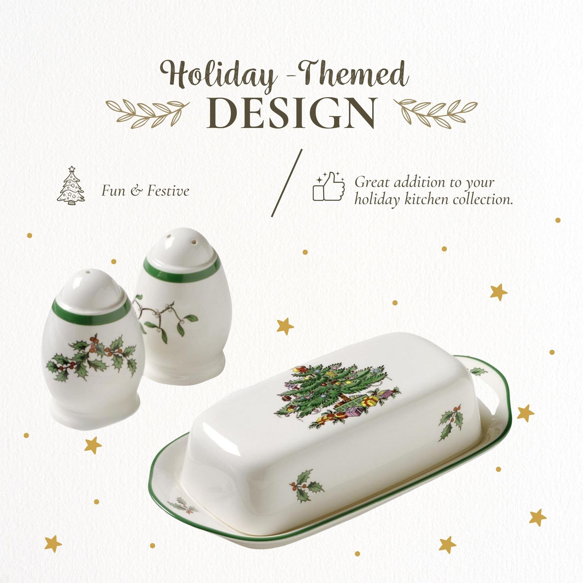 Spode Christmas Tree Hostess Set - 3-Piece Butter Dish, Salt & Pepper Shakers - 7.5" L, Multicolor, Model 1359477, Dishwasher Safe