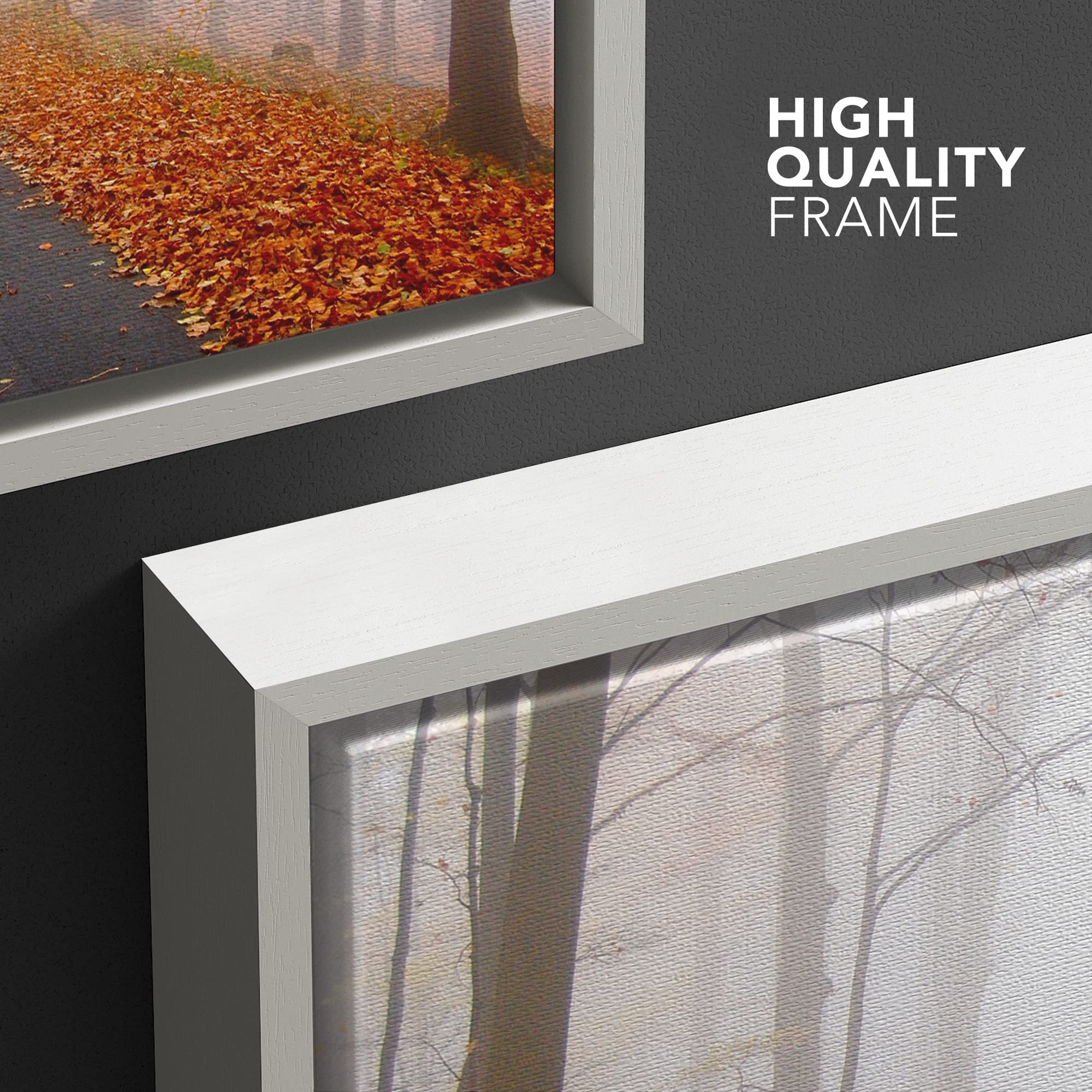 wall26 Framed Canvas Print Wall Art Foggy Autumn Forest Path with Orange Leaves Nature Wilderness Photography Modern Art Rustic Scenic Colorful for Living Room  Bedroom  Office - 24''x36'' White