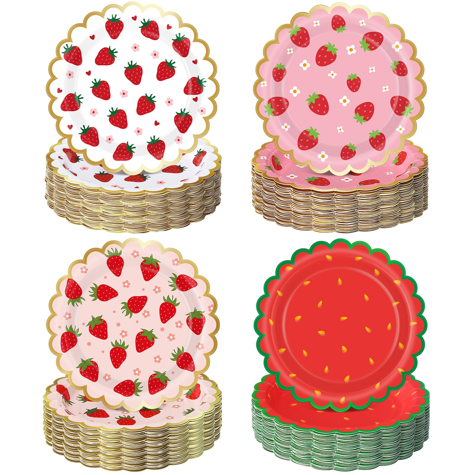 Funnymoom 100 Pcs Strawberry Paper Plates for Berry First Birthday 7 Inch Pink Strawberry Disposable Dessert Plates with Scallop