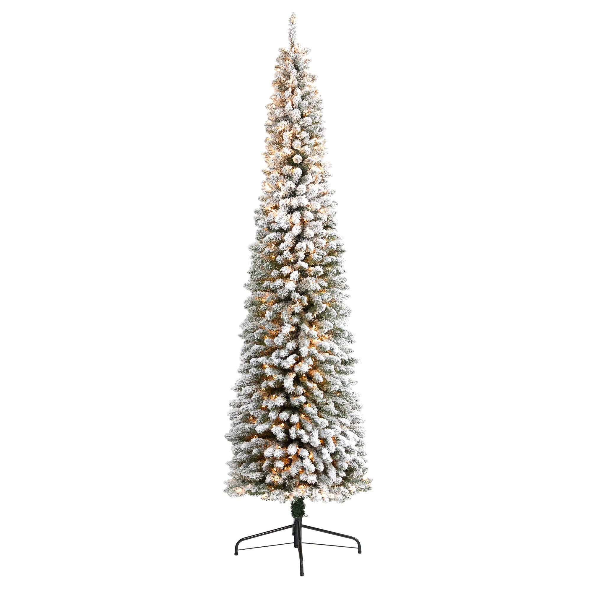 Nearly Natural 9ft. Flocked Pencil Artificial Christmas Tree with 600 Clear Lights and 896 Bendable Branches