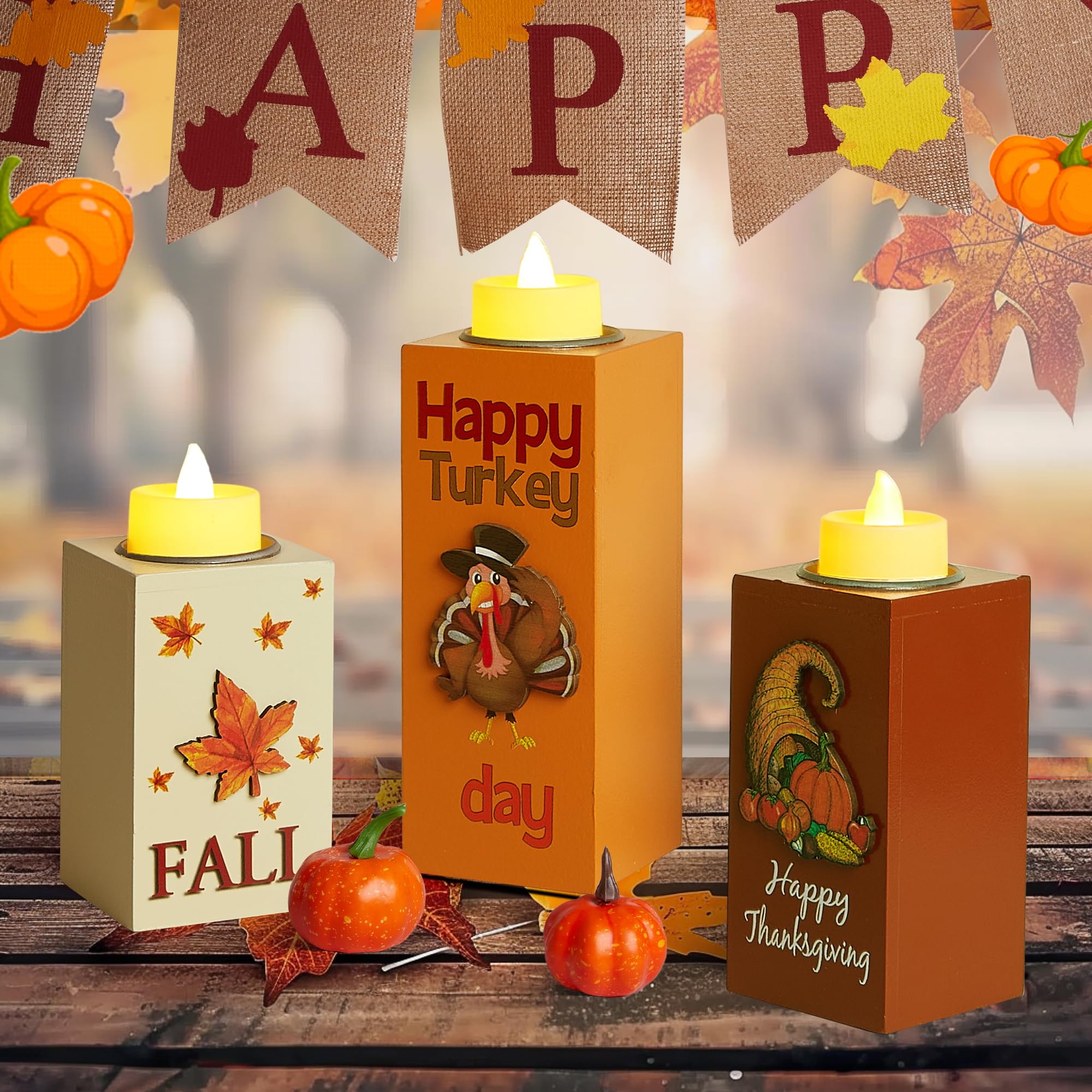 BlcTec Thanksgiving Decorations for Home 3 PCS Wood Candle Holders with LED Tea Lights & 3D Carving Craft, Rustic Candle Centerp
