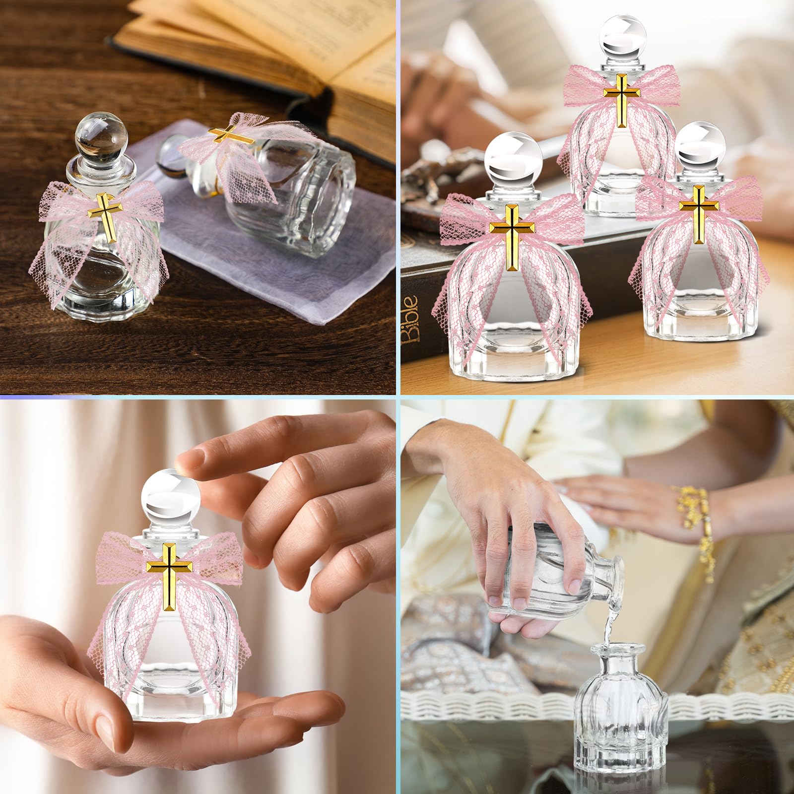 Newtay Holy Water Bottles Catholic Bulk Glass Baptism Favors for Guests Christian Water Container with Cross Organza Bags Bow fo