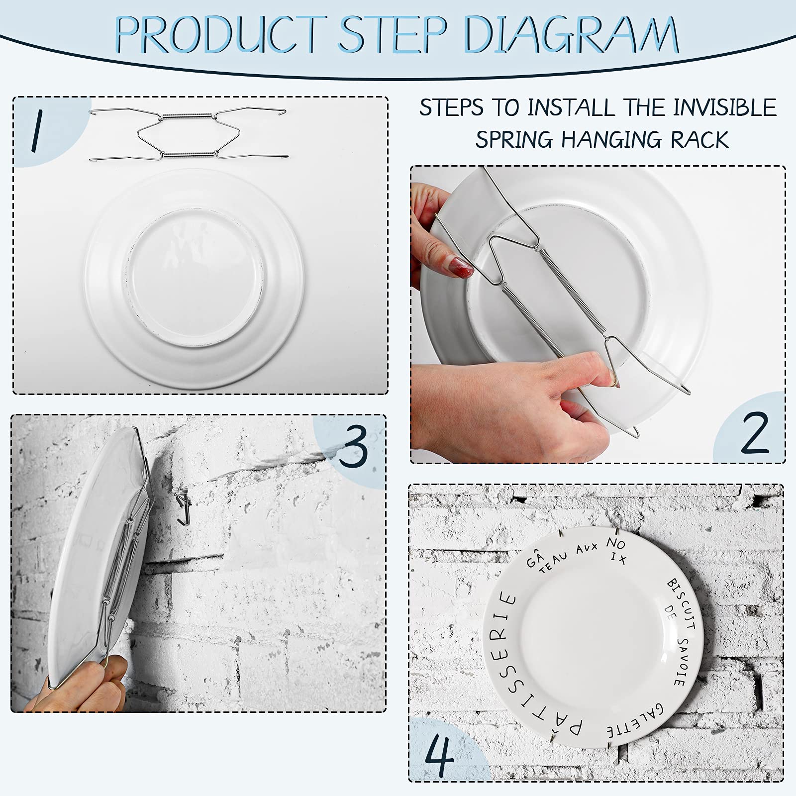 Hotop 20 Pieces 4/5, 6, 8, 10 Inches Invisible Plate Hangers Wall Plate Hangers Stainless Decorative Wire Plate Hangers With 20