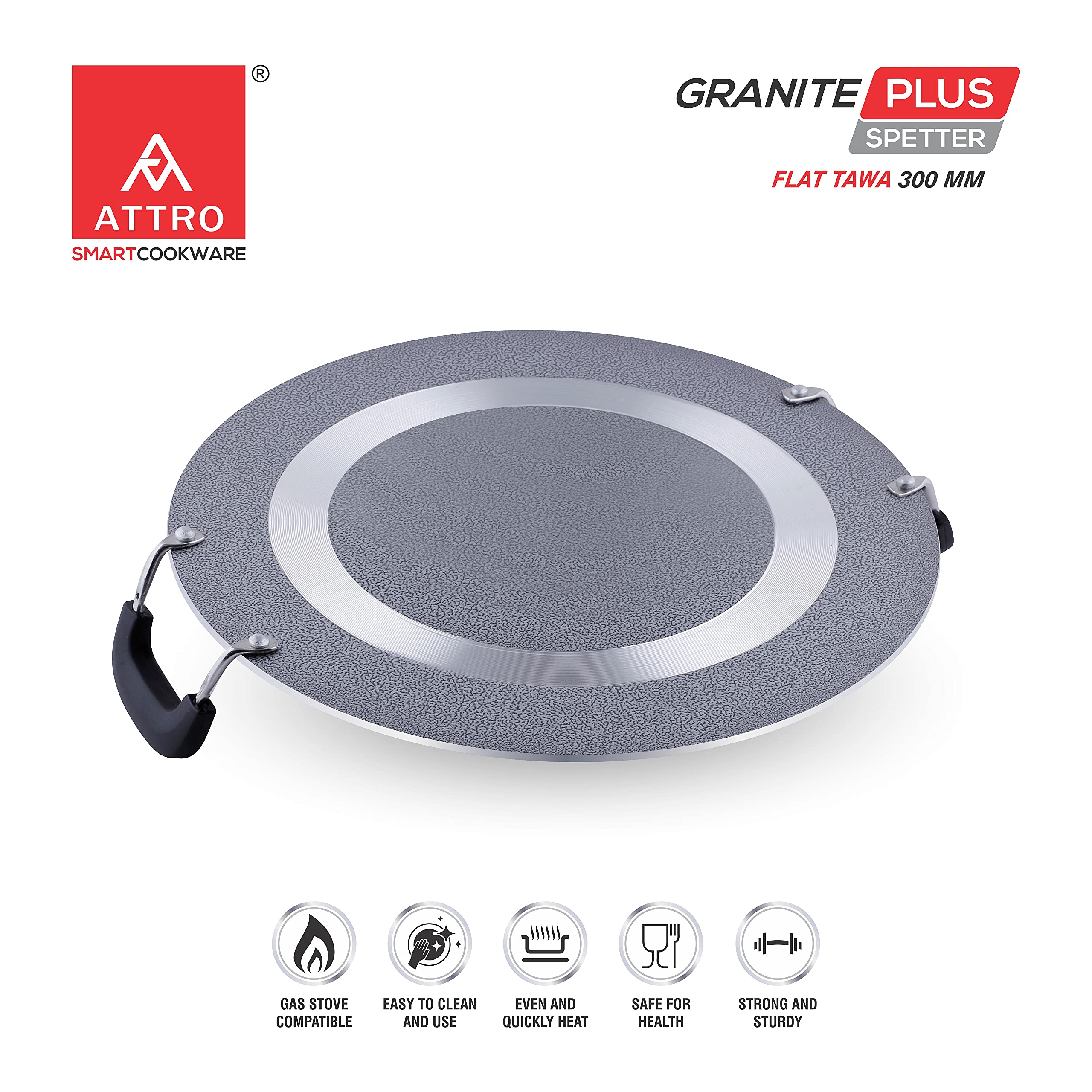 Attro Non Stick Aluminium Heavy Duty Double Handle Flat Spatter Finish Tawa, 300 Mm, (Black)