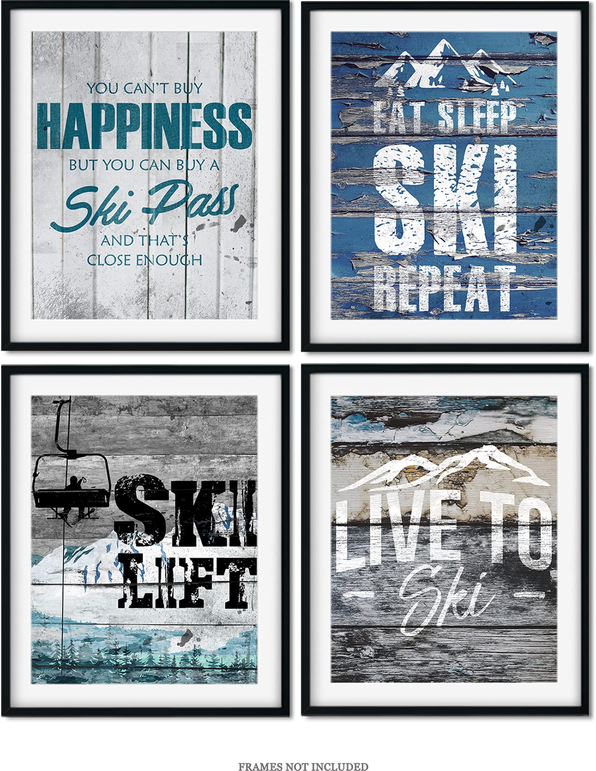 Ski Cabin Decor - Set Of 4 Skiing Wall Art Images - Rustic Wall Decor For Mountain House, Lodge Or Cabin - Gift For Skiers And S
