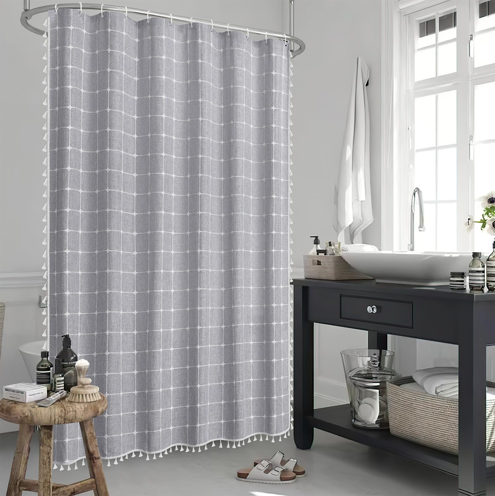 Yuanice Gray Extra Long Fabric Shower Curtain - 96 Inches Long Boho Farmhouse Linen Weighted Tassel Shower Curtain Sets, Chic Li