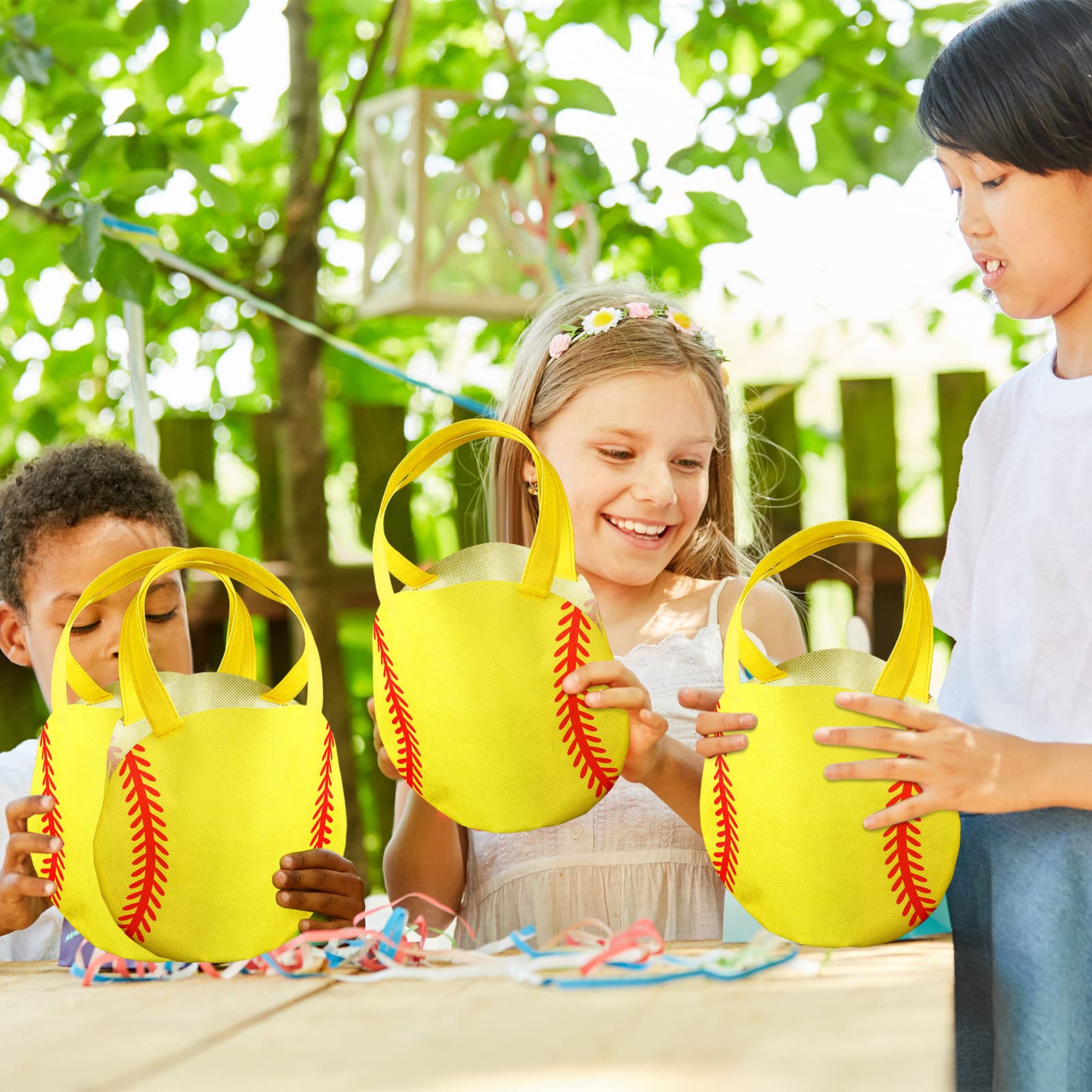 Shihanee 24 Pcs Softball Party Favor Bags Ball Themed Party Goody Candy Bags Sport Game Treat Handbags Softball Non Woven Gift H