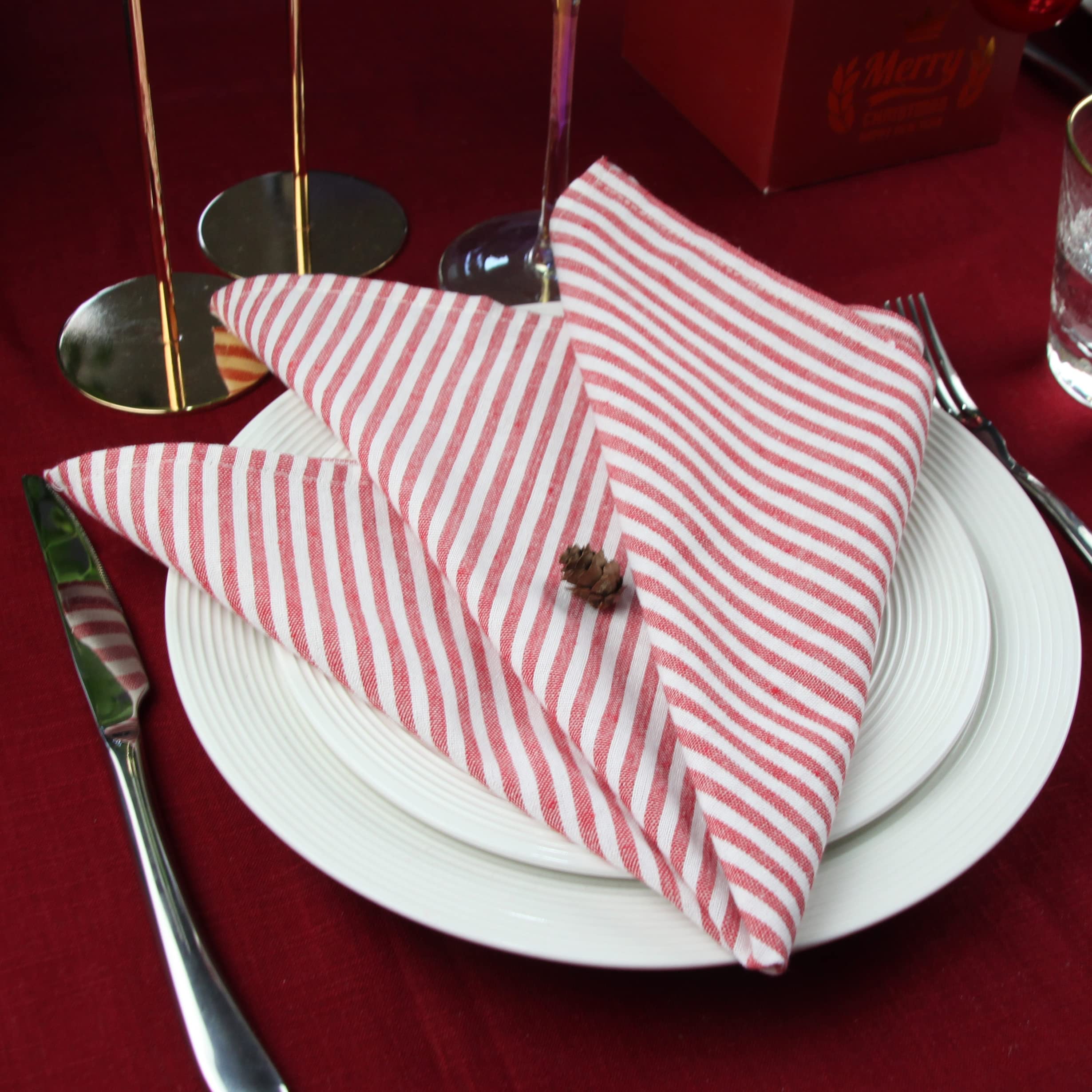 Infei Plain Striped Cotton Linen Blended Dinner Cloth Napkins - Set Of 12 (17 X 17 Inches) - For Events & Home Use (Red)