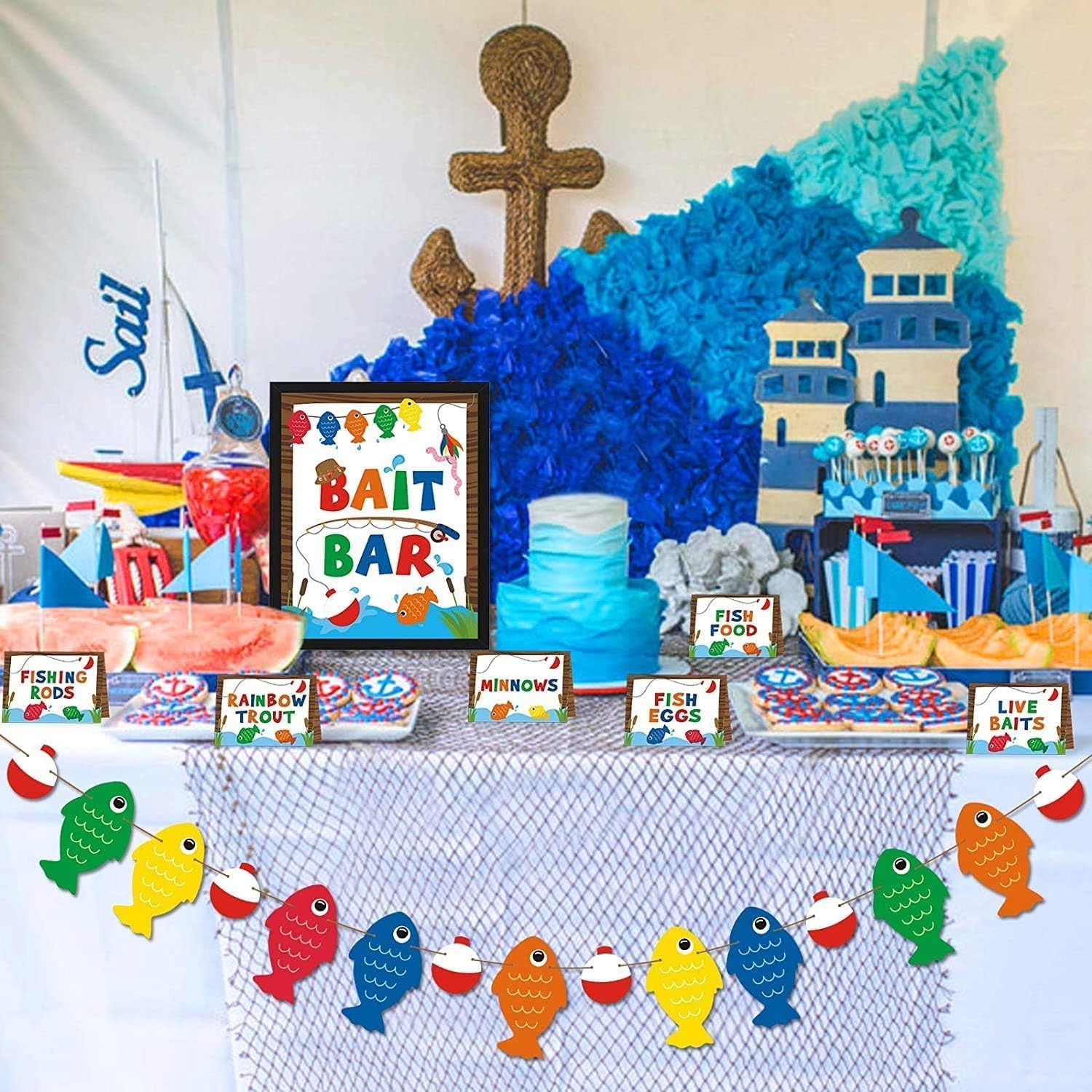 Yaaaaasss! Gone Fishing Bait Bar Bobber Dessert Food Buffet Decoration-Fishing Banner Food Labels The Big One Dessert Table Birt