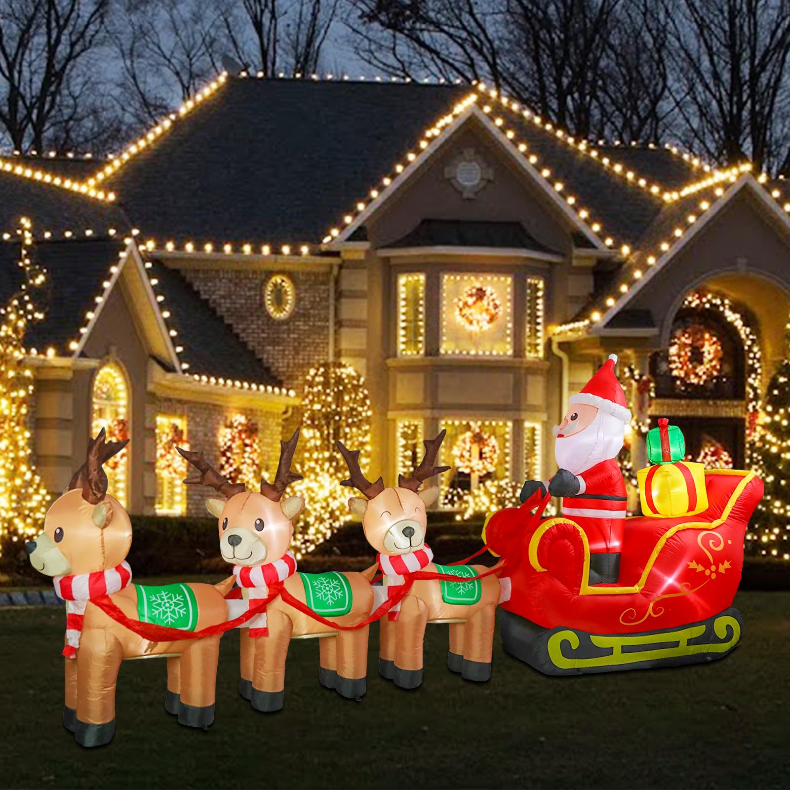 MUMTOP 12FT Long Christmas Inflatables Outdoor Decorations, Inflatables Santa Claus Sleigh with Reindeer Christmas Blow up Yard 