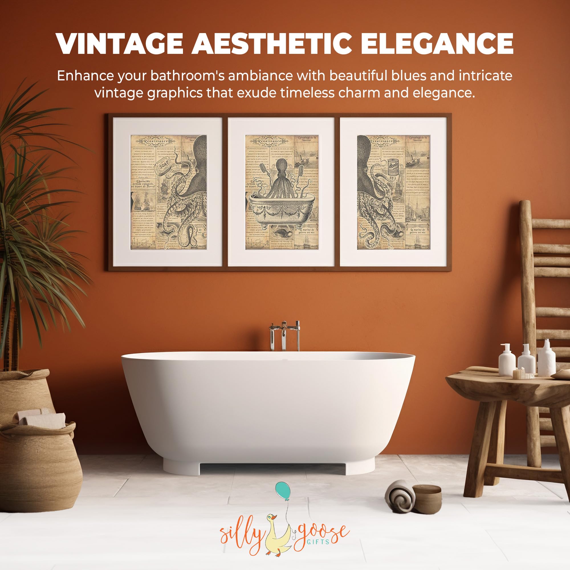 Awesome Vintage Sepia Brown Kraken Octopus Squid Nautical Modern Restroom Bathroom Wall Art Print Decor Bath Paintings