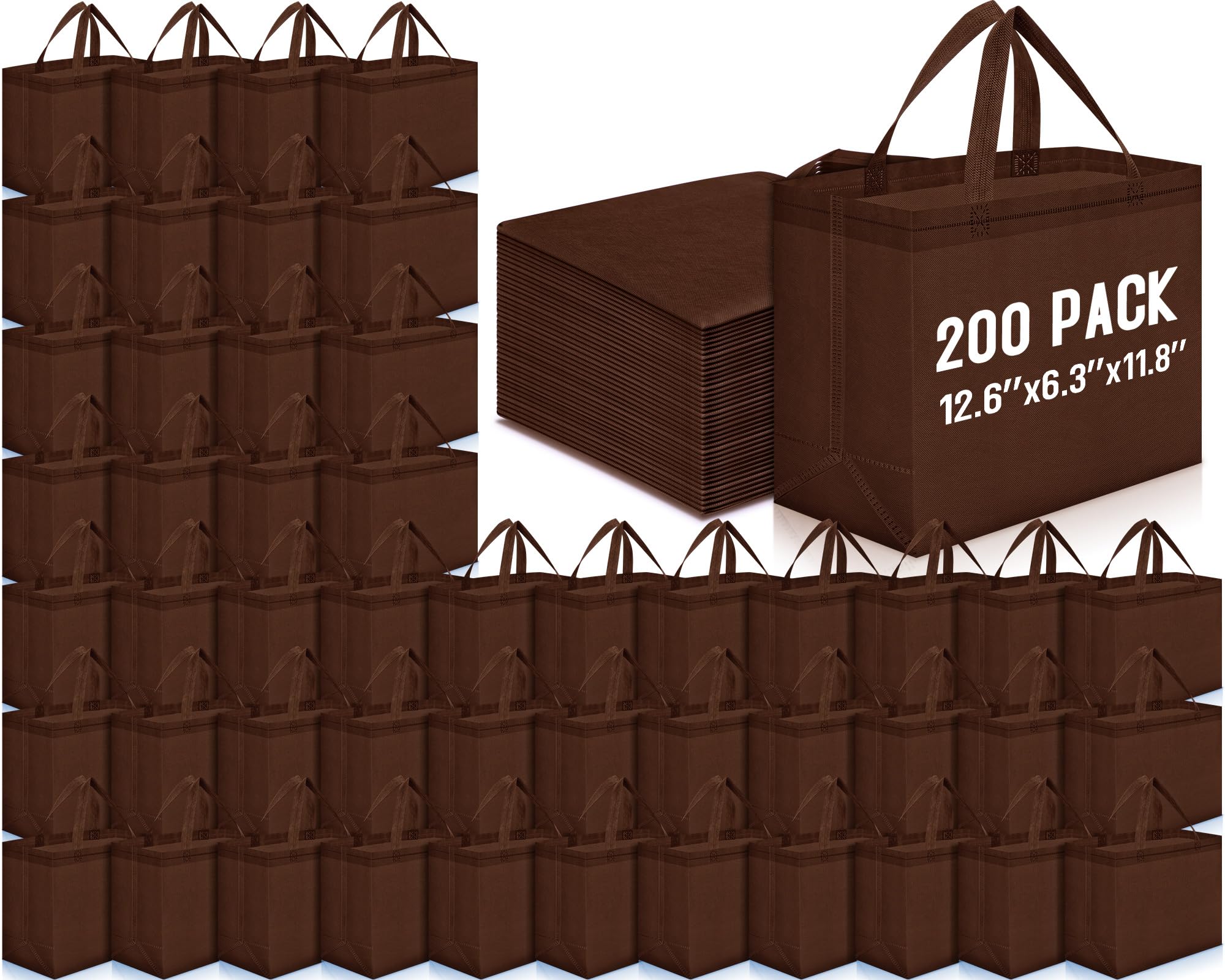Windyun 200 Pcs Reusable Grocery Bags Large Non Woven Shopping Bags Foldable Portable Tote Carryall Bulk(Brown)