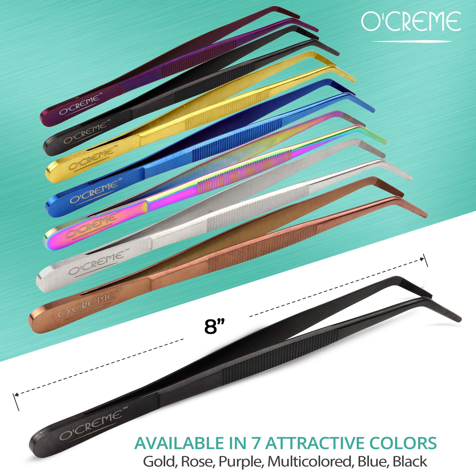 O'Creme Stainless Steel Precision Kitchen Culinary 8 Inch Tweezer Tongs (8'' Curved, Silver)