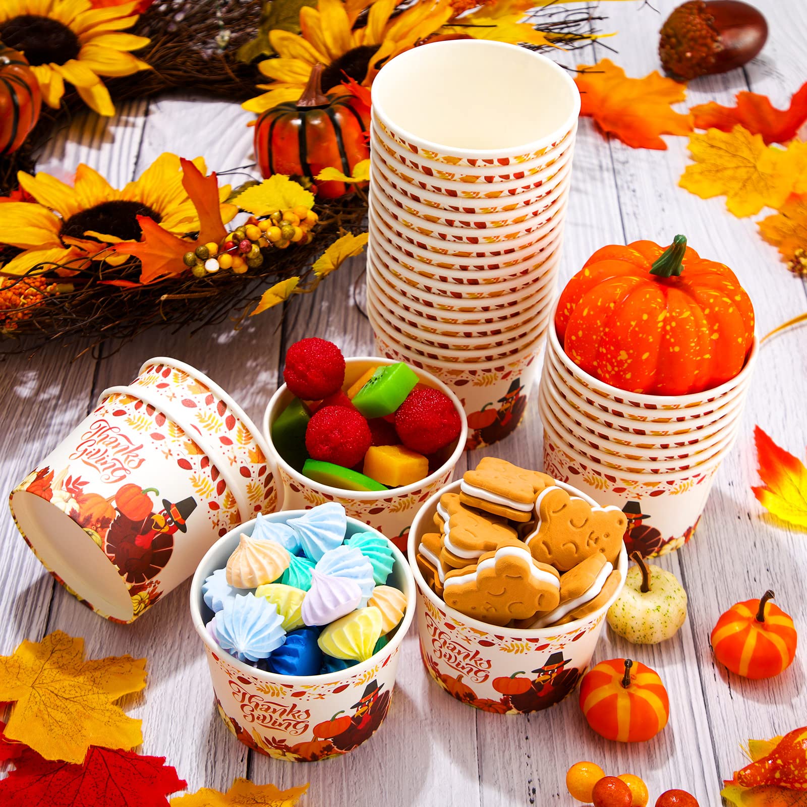 Potchen 50 Pack 9 oz Thanksgiving Day Disposable Paper Cups Fall Themed Disposable Dessert Bowls Paper Snack Cups Paper Soup Cup