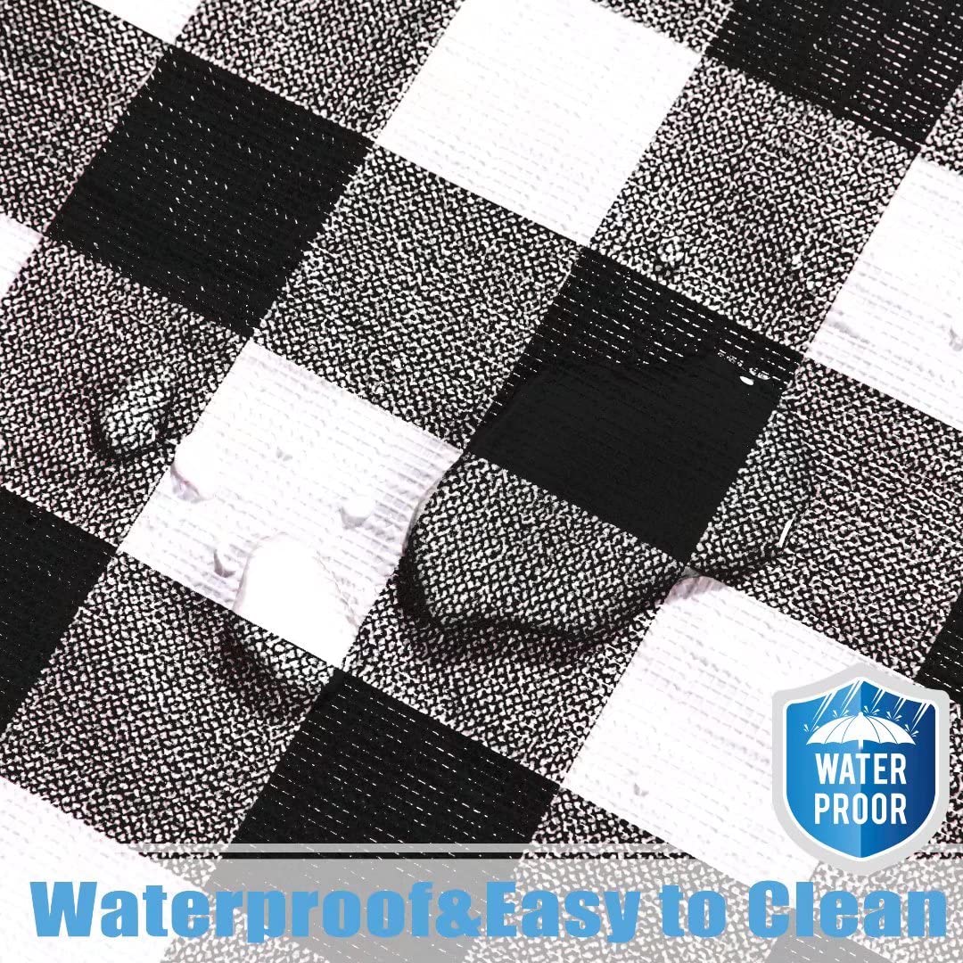 Fitable Vinyl Fitted Tablecloth Round, Black And White - Waterproof Checkered Elastic Tablecloth Flannel Backed Gingham Table Co