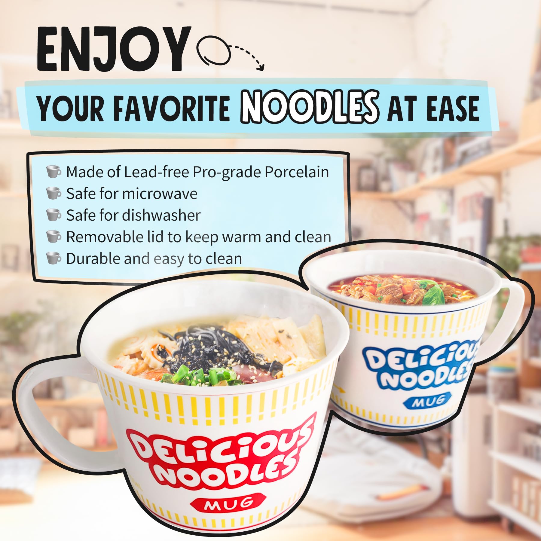 Sophie & Panda Porcelain Instant Noodle Bowl Mug With Handle 34 Oz - A Great Accessory For Anyone Who Loves Asian Noodles - One