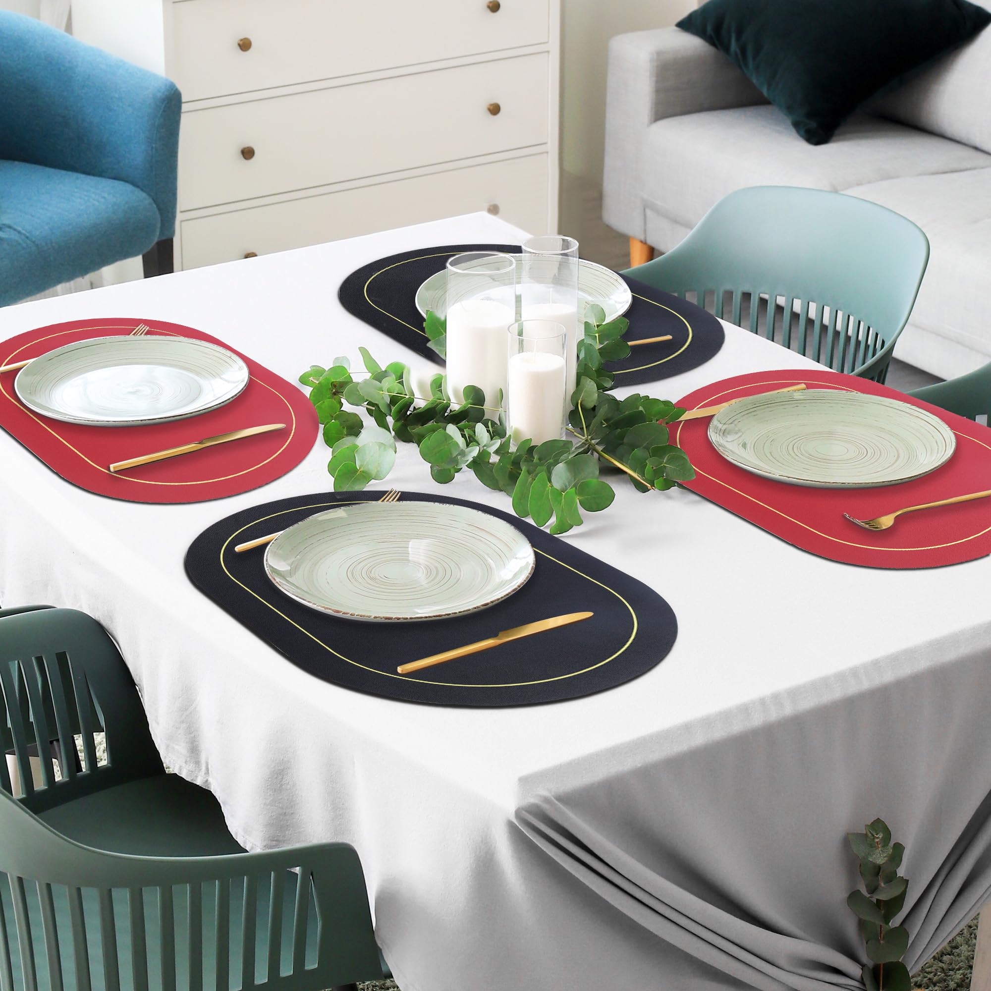Fanquare Faux Leather Oval Placemats And Coasters Set Of 12 Double-Sided Color Placemat And Small Round Coaster Waterproof Table