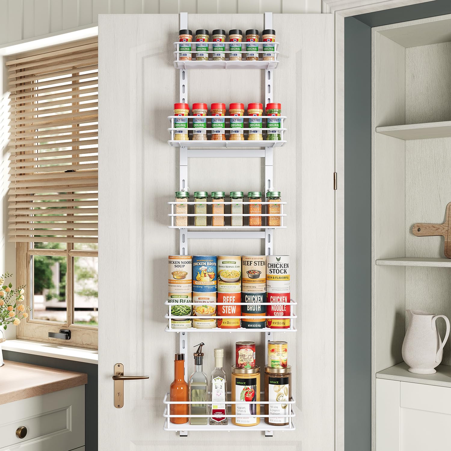 5Tier Narrow Pantry Door Organizer,Over the Door Pantry Organizer,White