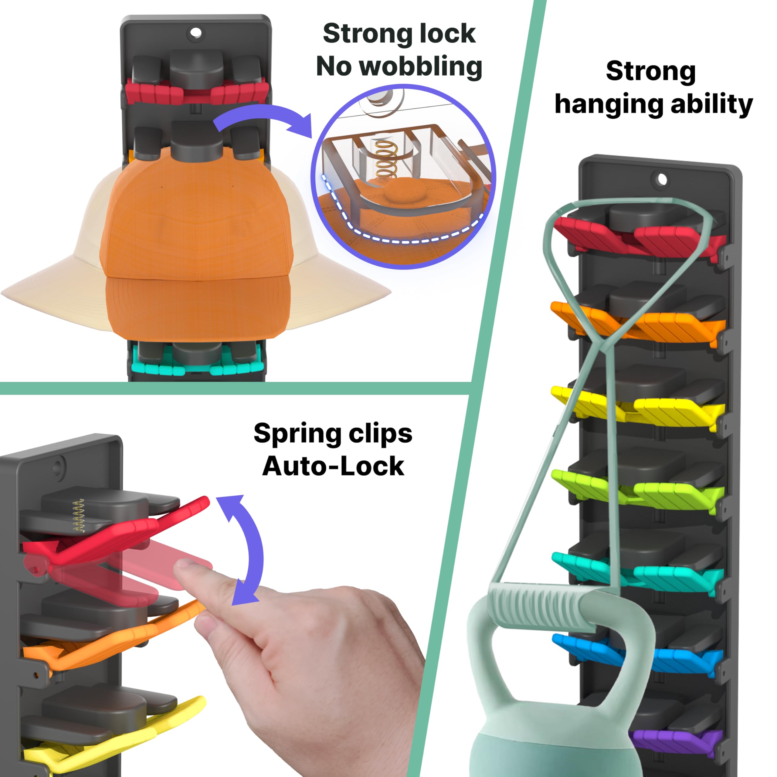 BRUBEQO Hat Organizer for Baseball Caps 2 Packs with Built-in Spring Clips - Wall Mount Closet Hat Rack Holder, Adjustable Stora