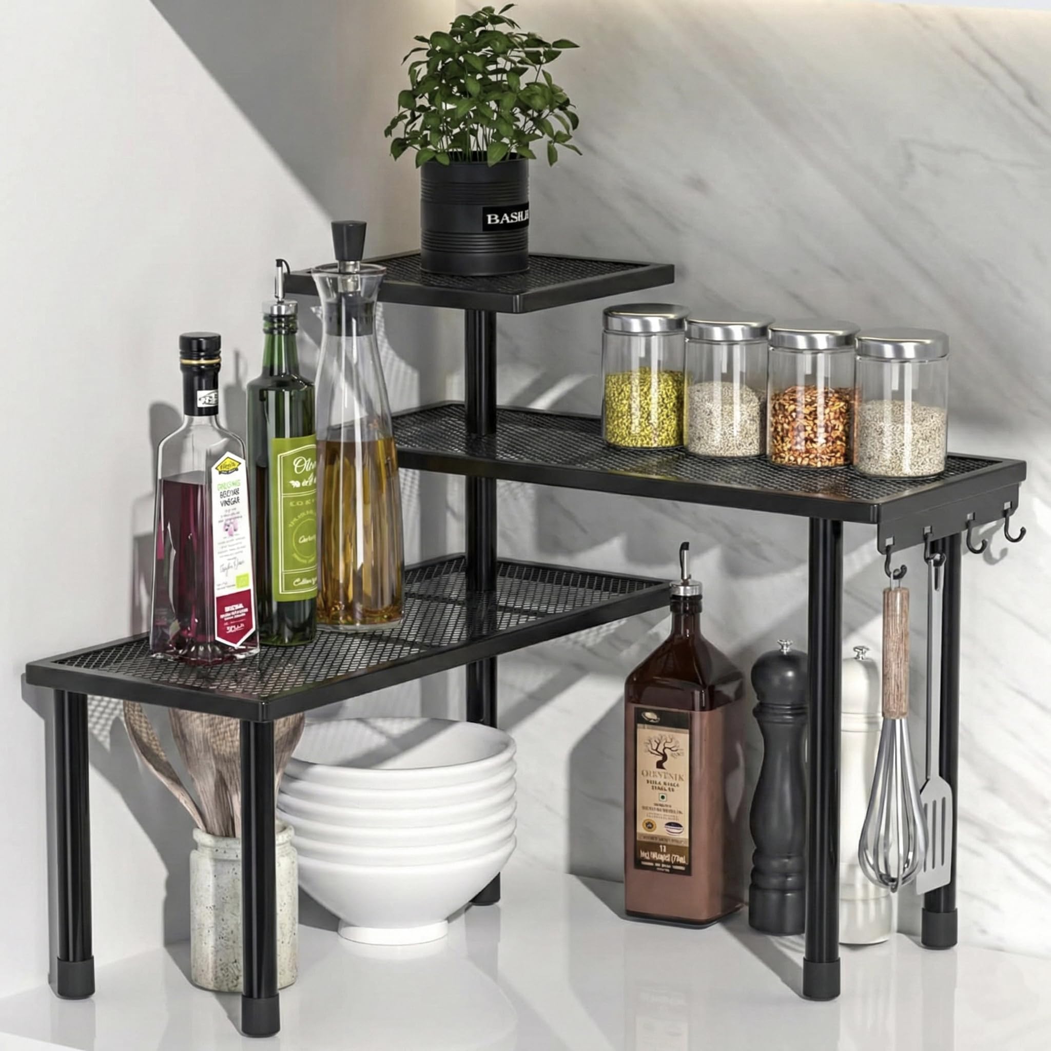 Geo Fashion 3Tier Corner Shelf Organizer Rack  Stylish Black Metal Rack For Kitchen, Makeup, Office | SpaceSaving Tabletop St