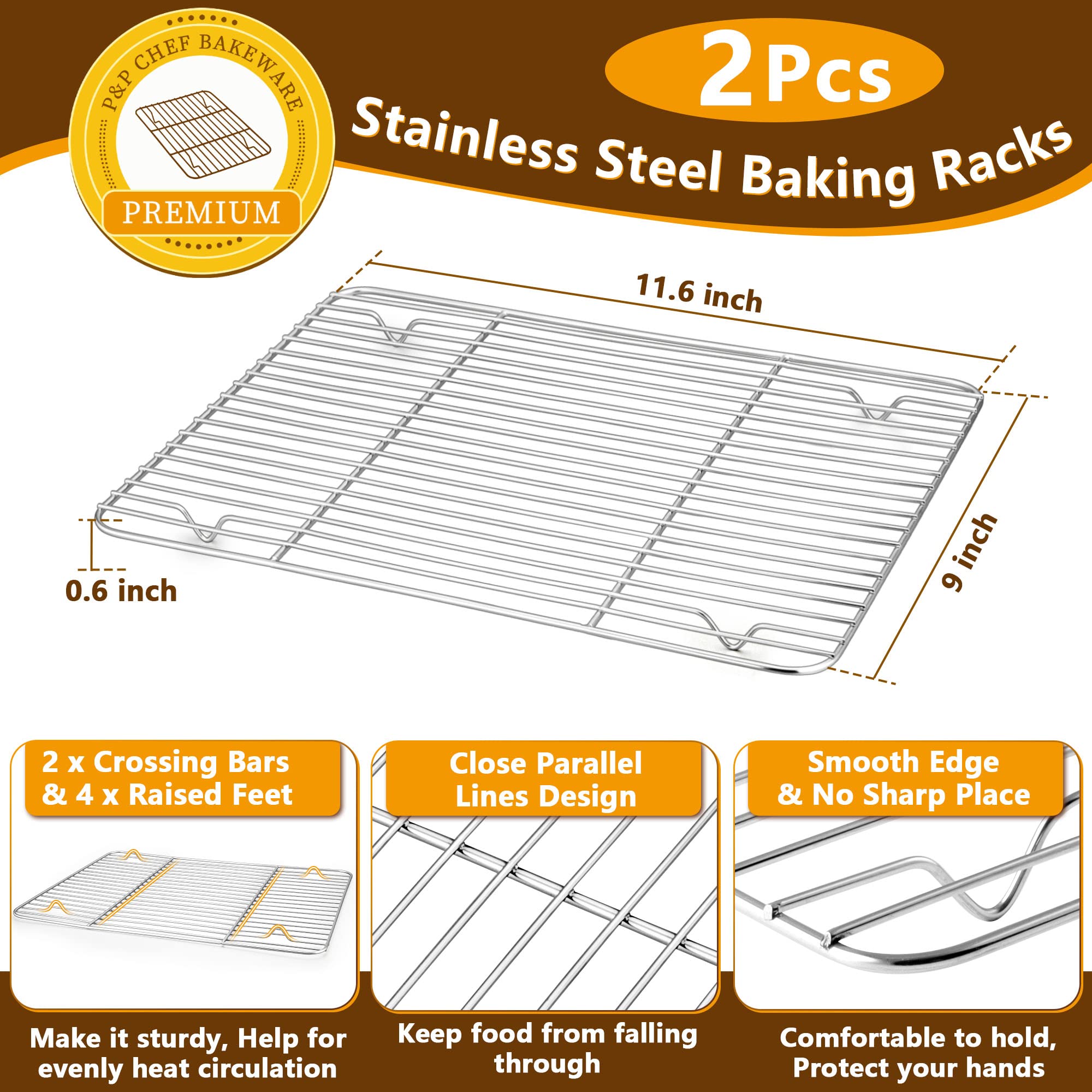P&P Chef 12.5 Inch Toaster Oven Pan And Rack Set,4 Pieces Stainless Steel Baking Pan Oven Trays With Cooling Rack, Non Toxic & D