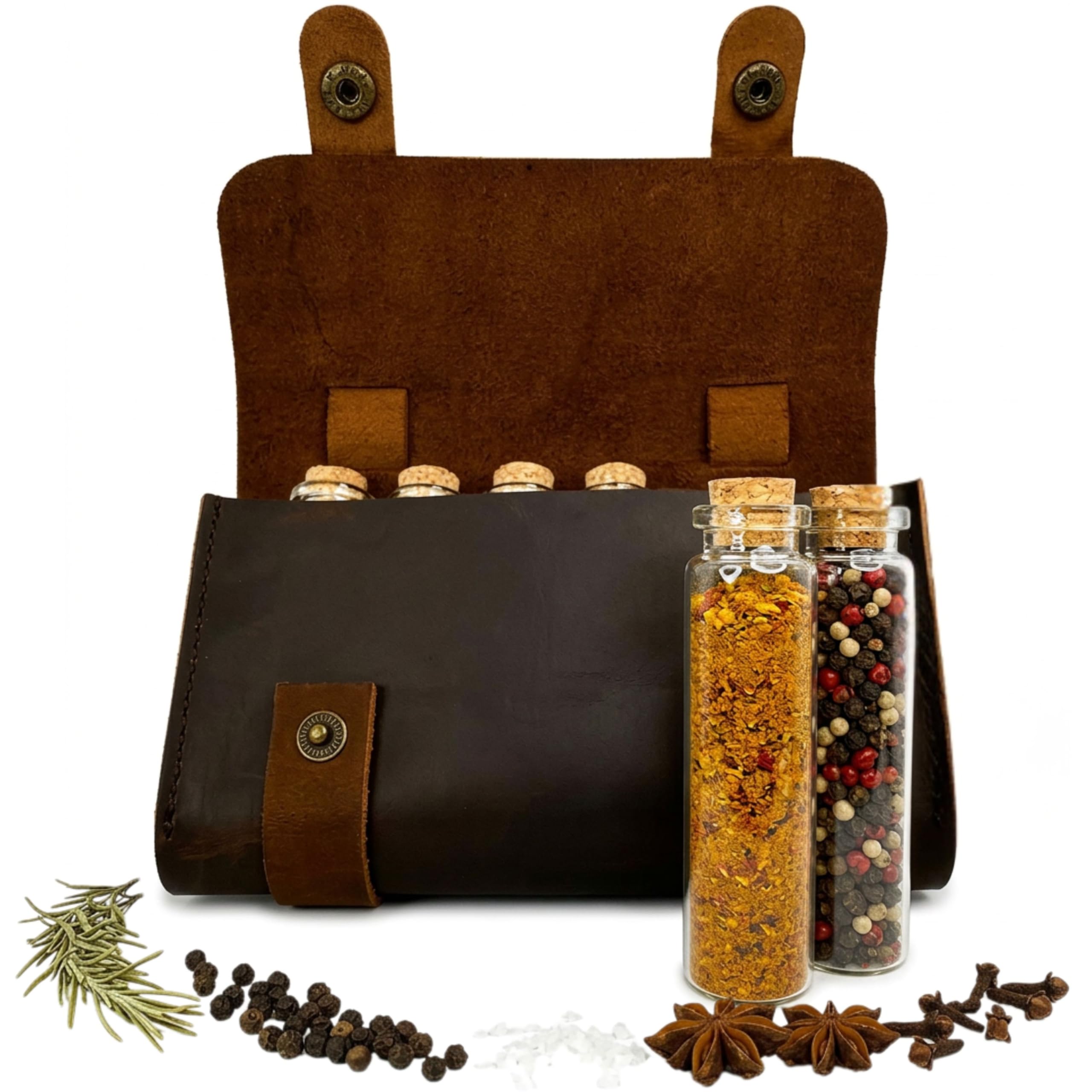 Ruck & River Leather Spice Wallet Spice Rack - 6 Spice Jars, Portable Seasoning Storage Organizer, Seasoning Bottle Holder, Cond