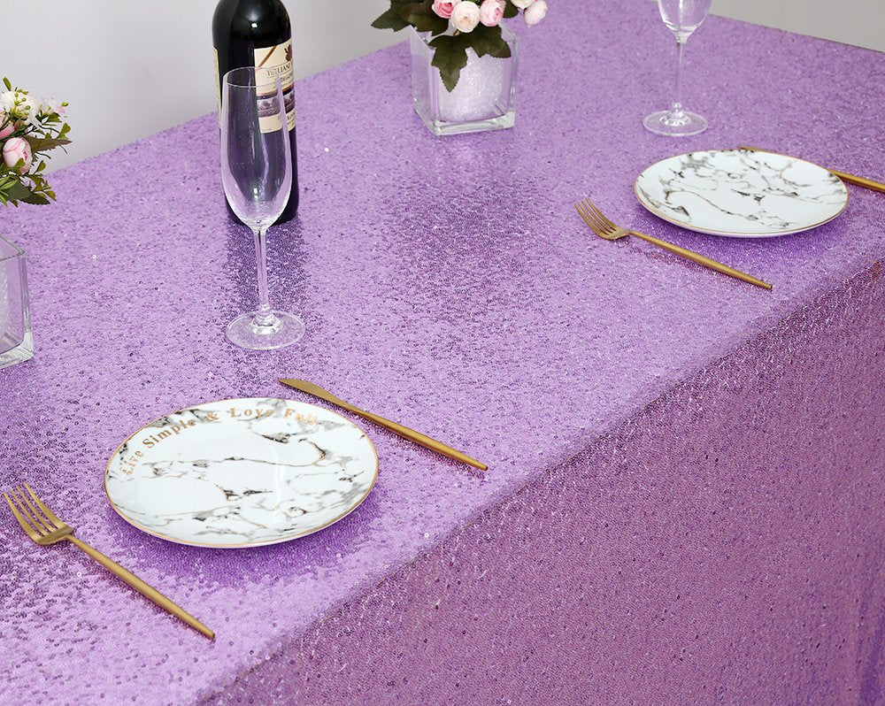 Queendream Sparkly Sequin Tablecloth - Light Purple Table Cloth 50X80 Inches Rectangle Table Overlay Fabric For Birthday Parties