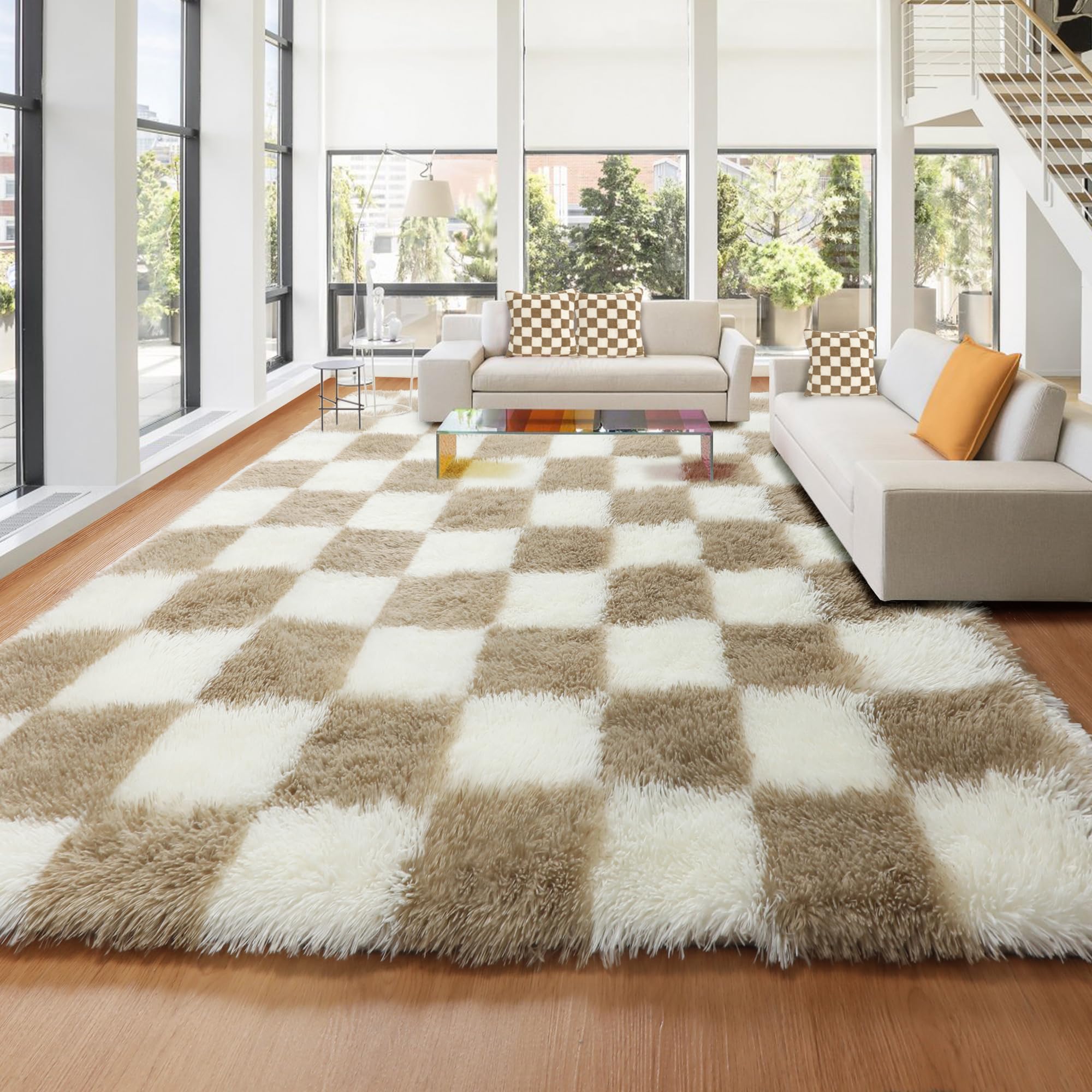 KICMOR Area Rugs 8x10 for Living Room, Large Fluffy Beige and Cream White Checkered Rug Big Fuzzy Shag Shaggy Carpets for Bedroo